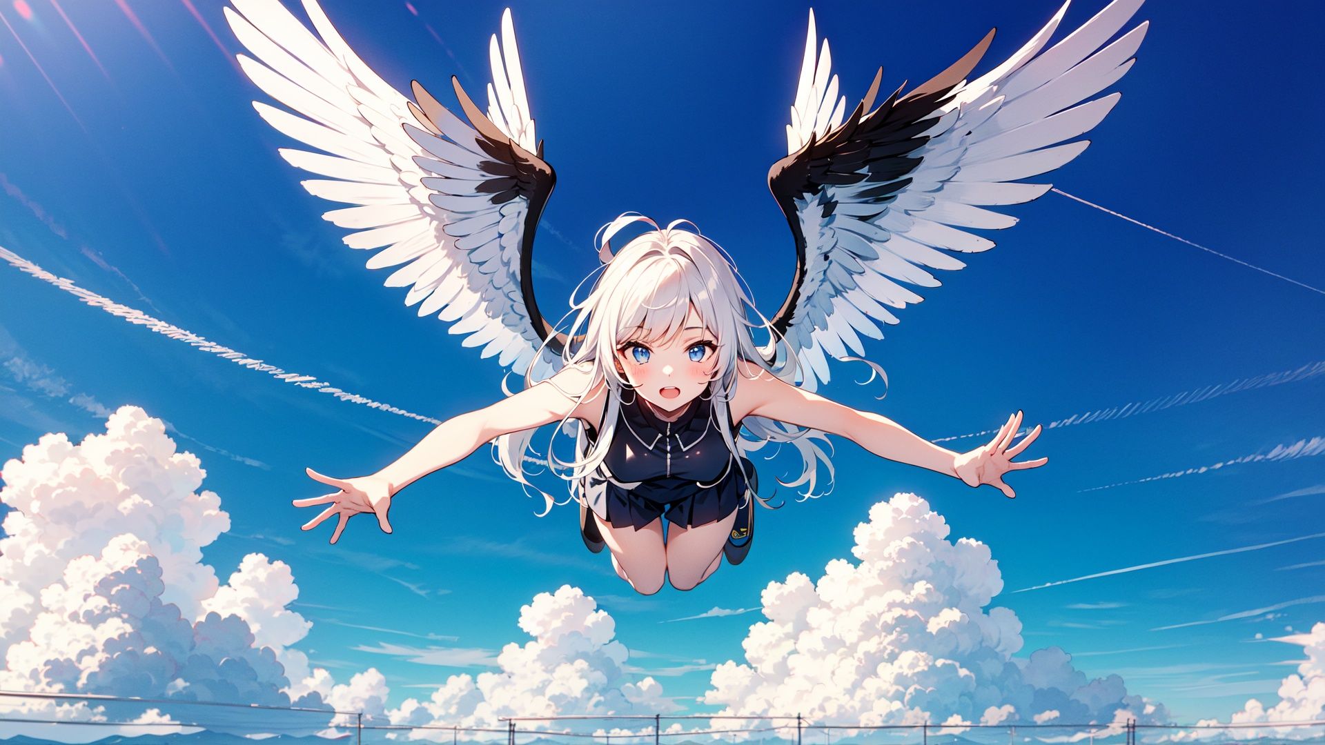 1 girl, mechanical wings,Flying in the air,Blue sky, white clouds