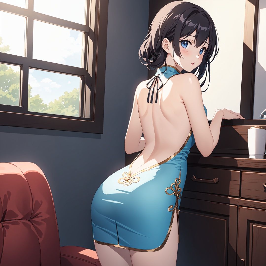 ((Anime)),((Game CG)), ((Illustration)),1 girl, backless cheongsam, buttocks, living room, window view,((Paintings)),((imagery))