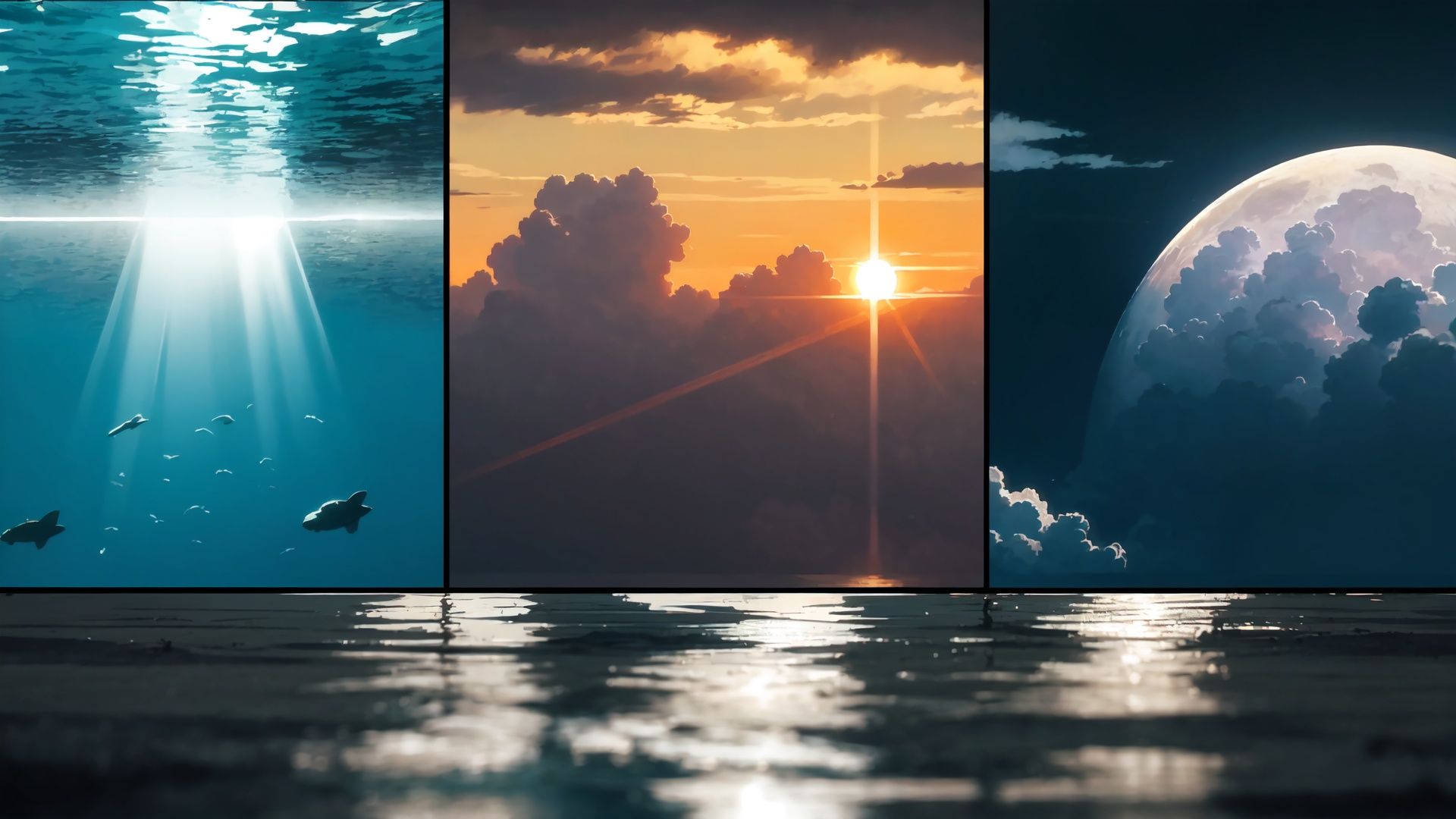 ((photos)),((real world)),((masterpieces)),a series of photos of the sun, clouds, and water in different stages of creation, with a sun shining through the clouds, a matte painting, Alena Aenami, 8k artistic photography, naturalism,((Realistic)), ((realistic style)),((super-detail))