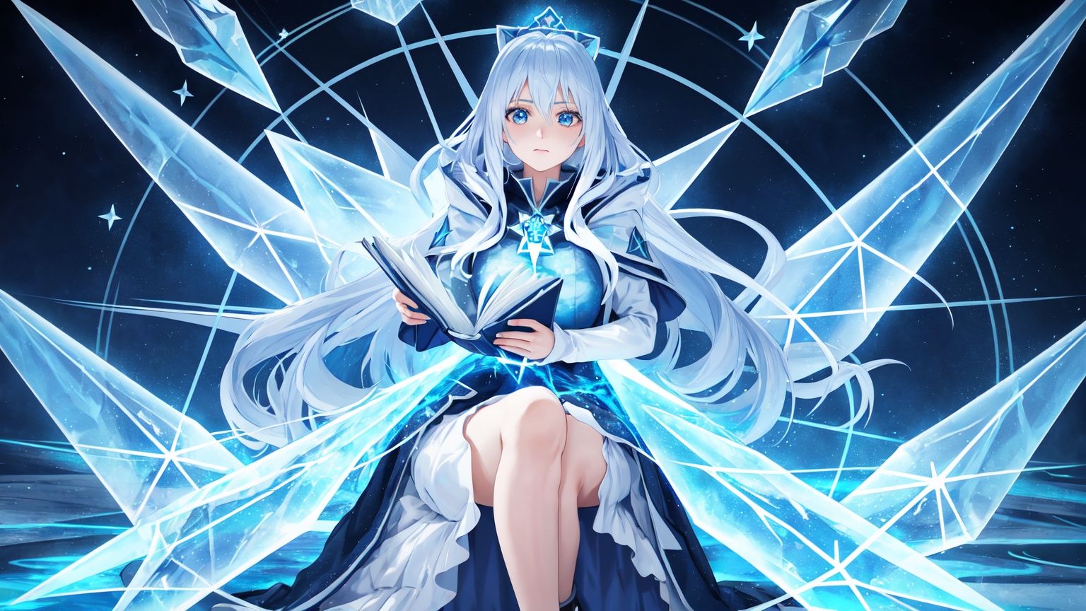 (3D modeling), Anime Illustration, Game Illustration,An ice wizardess, ((holding a spellbook in her left hand and a wand in her right)), ((surrounded by a mass of blue ice))) with a blue hexagram spell converging on her wand, ((a blue hexagram spell)), ((a blue hexagram spell)),(Masterpiece),(masterpiece),(ultra-detailed),(realistic style),(super-detail)