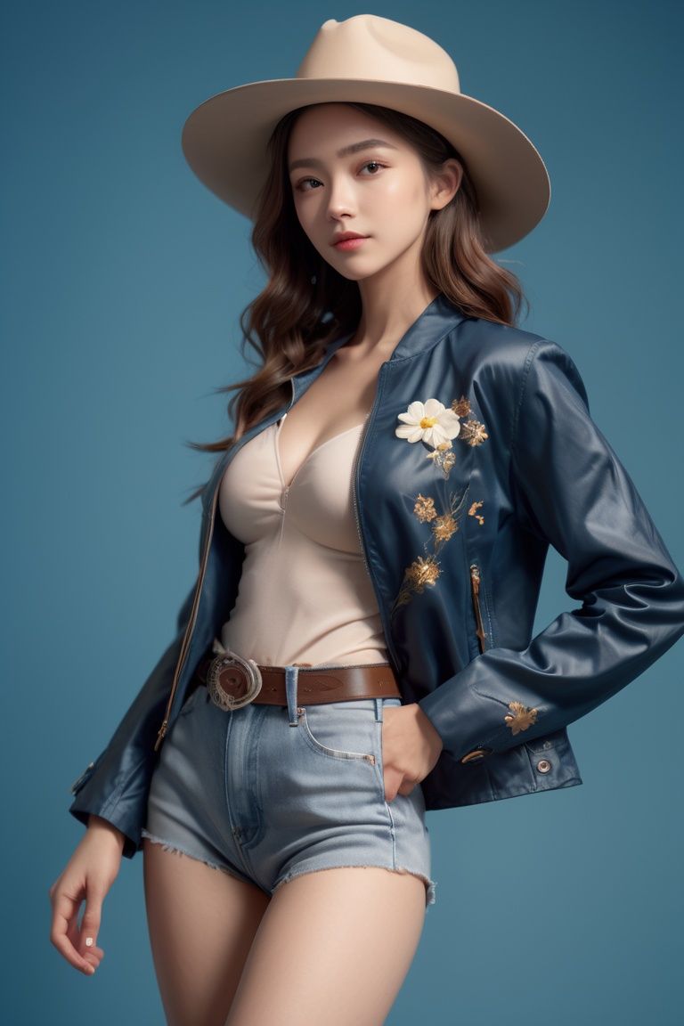 analog film photo ((full body)), breathtaking, (((flower blue background))), clear facial contour, (((slender chin))), ((cowboy shot)), (( jacket)), upper body, 1girl, 20 years old, instagram girl, idolmaster, looking at viewer, Lois Greenfield, Flowing cloth, Beautiful dynamic dramatic dark moody lighting, volumetric, shadows, cinematic atmosphere, Octane render, 8K . award-winning, professional, highly detailed . faded film, desaturated, 35mm photo, grainy, vignette, vintage, Kodachrome, Lomography, stained, highly detailed, found footage