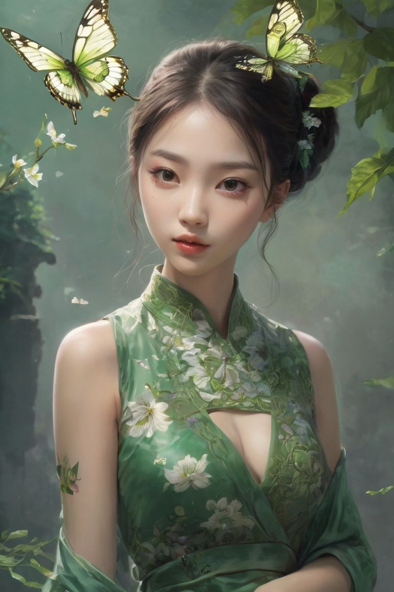 chinese girl,Masterpiece, ultra high resolution, artwork, magnificent contrast, fantasy, fantasy, atmosphere, girl, exquisite details, clear patterns, clear visuals, clarity, sophistication, realism, green themes, flying butterflies