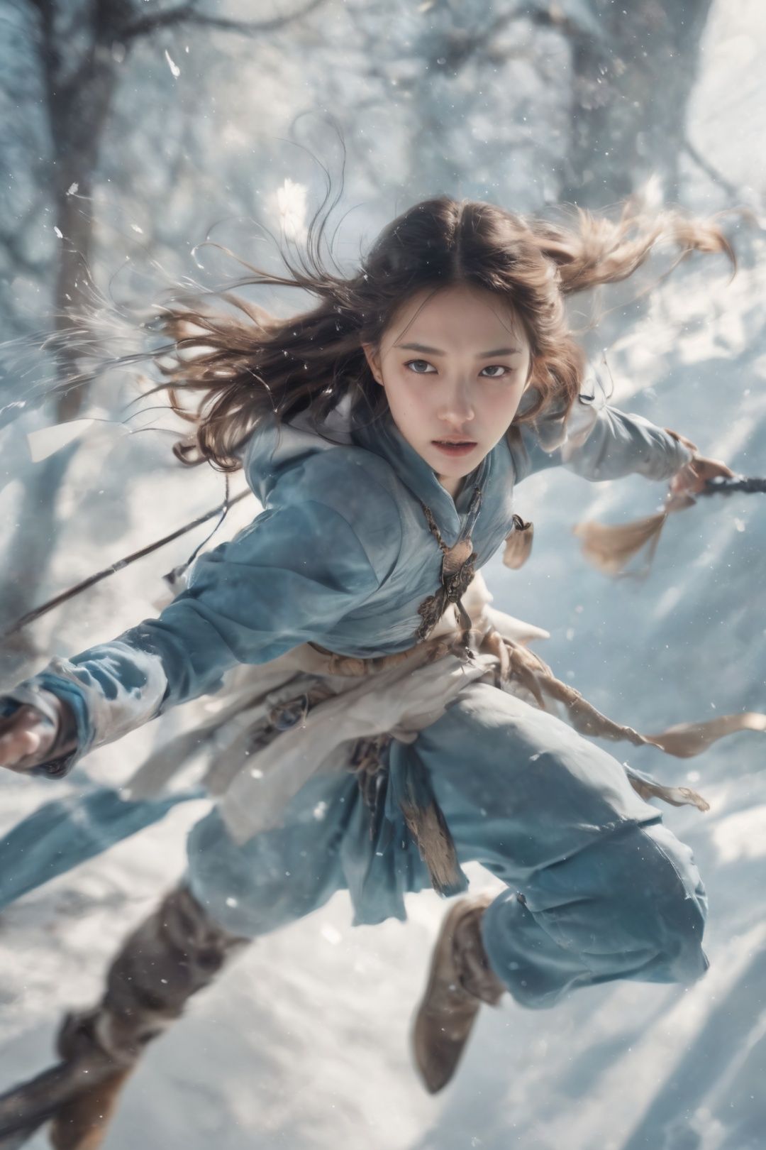 Overhead view,A picture full of stories, GoPro, dynamic blur, long exposure, A beautiful Taoist woman in the snow, surrounded by suspended Longquan swords, magic glare, Sublime light and shadow effects,precisionist art, strong facial expression,light white and dark blue,ethereaportraiture, by Polina Washington, chinese style, playing the light and shadow, bauhaus photography, fuj, 28mm. nypercolorful dreamscapes, camille claudel, selective focus, cyan - blue light ,3D
