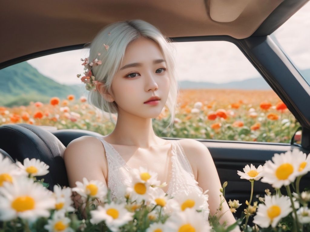 ethereal fantasy concept art of cinematic film still, chinese girl, a girl with white hair sitting in car filled with flowers, art by Rinko Kawauchi, in the style of naturalistic poses, vacation dadcore, youth fulenergy, a cool expression, body extensions, flowersin the sky, analog film, super detail, dreamy lofi photography, colourful, covered in flowers andvines, Inside view, shot on fujifilm XT4 . shallow depth of field, vignette, highly detailed, high budget, bokeh, cinemascope, moody, epic, gorgeous, film grain, grainy . magnificent, celestial, ethereal, painterly, epic, majestic, magical, fantasy art, cover art, dreamy
