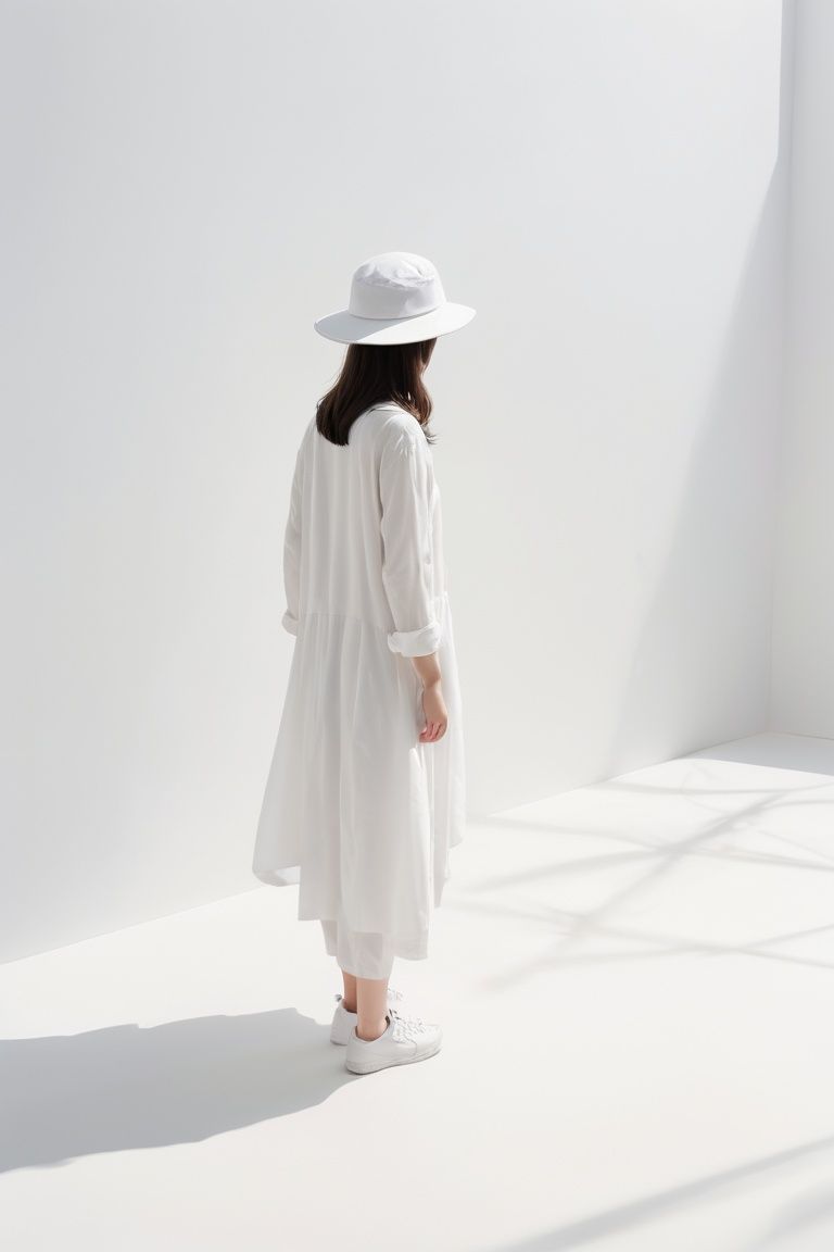 Prospect, Bird's-eye view, Human figure, A pure white background, Alone, Walk in a pure white space, Shadow, Wearing a hat.影子Can't see the face clea, Loneliness, Sense of atmosphere, Leave a lot of white space, modern art