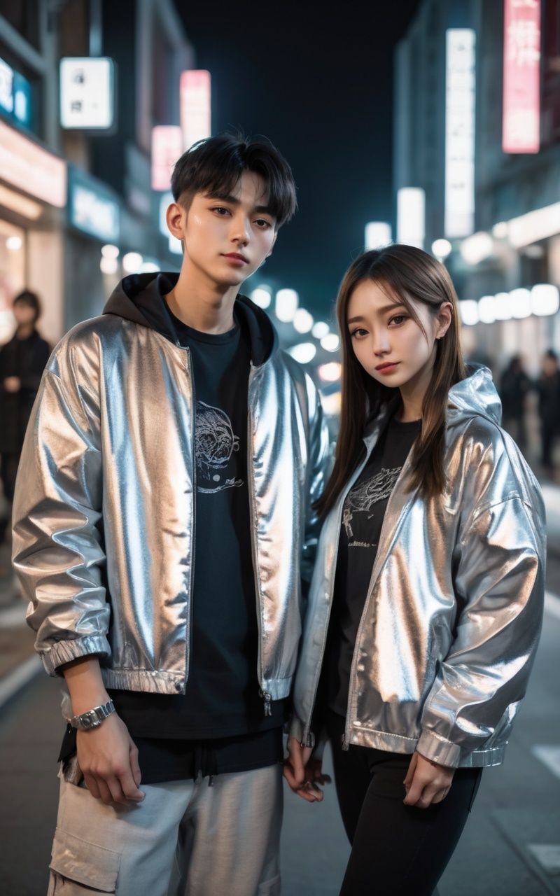 a young couple posing for a picture in the city at night, a portrait, lyco art, japanese streetwear, made out of shiny silver, kpop, trending on r/streetwear, ethnicity : chinese, jacket, p. j. n, fashionable,  4k