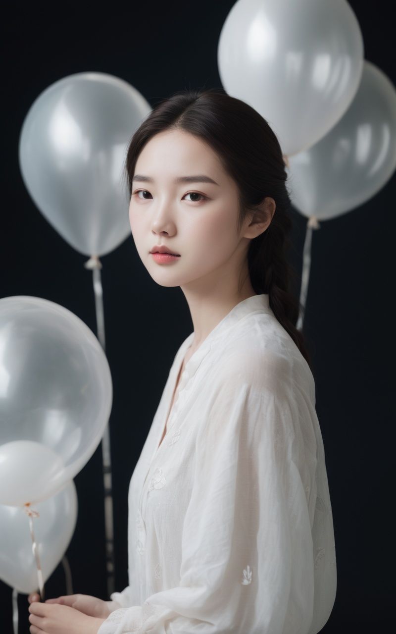 (((looks like liu yifei))),a cinematic fashion portrait photo of beautiful young woman from the 2020s wearing  standing in the middle of a ton of white balloons,dramatic lighting,taken on a hasselblad medium format camera,white balloon,