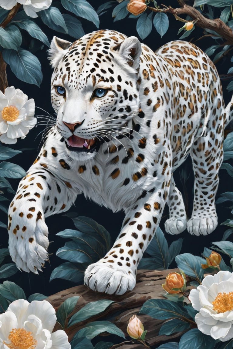 (ultra detailed, High quality ,best quality, High precision, Fine luster, UHD, 16k), (official art, masterpiece, illustration), A leopard running in the jungle, (white camellia: 1.3), vines, dead branches, tiled patterns, (solid black background: 1.5), golden lines, thick lines, clear lines, clear line texture, hand drawn, gongbi drawing, master composition, dark blue and brown color scheme, super panorama,candy-coated