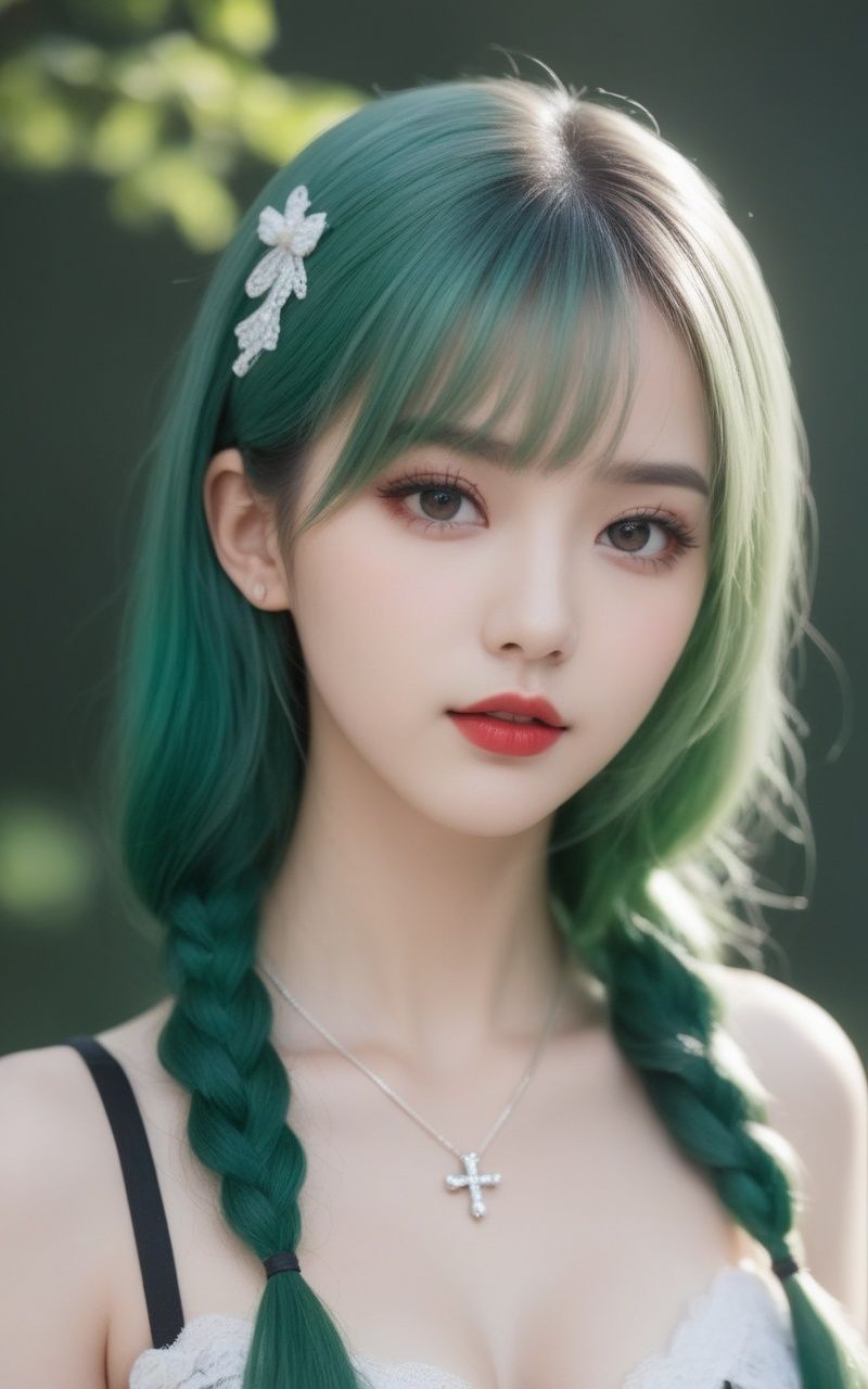 masterpiece, best quality, 1girl, solo, long hair, twin tails, hair buns, multicolored hair,two-tone hair, white hair, green hair, black hair,bangs, makeup, black lips, lipstick, mascara, eyeshadow, cross necklace, hair bow, front bow, lace jacket, lace gloves, fishnets, black leggings, gothic attire, dynamic angle, side lighting, shiny skin, detailed eyes, detailed face,