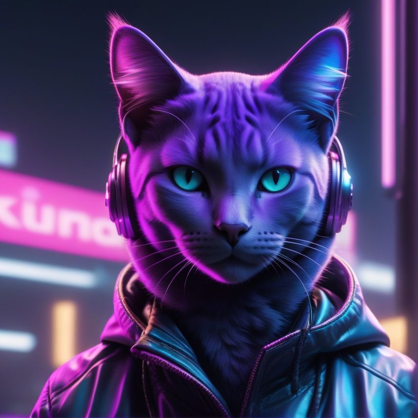 neonpunk style High detailed, High precision, Hyper quality, Fine luster, UHD,16k, masterpiece, A cat wearing a jacket, cat as head . cyberpunk, vaporwave, neon, vibes, vibrant, stunningly beautiful, crisp, detailed, sleek, ultramodern, magenta highlights, dark purple shadows, high contrast, cinematic, ultra detailed, intricate, professional