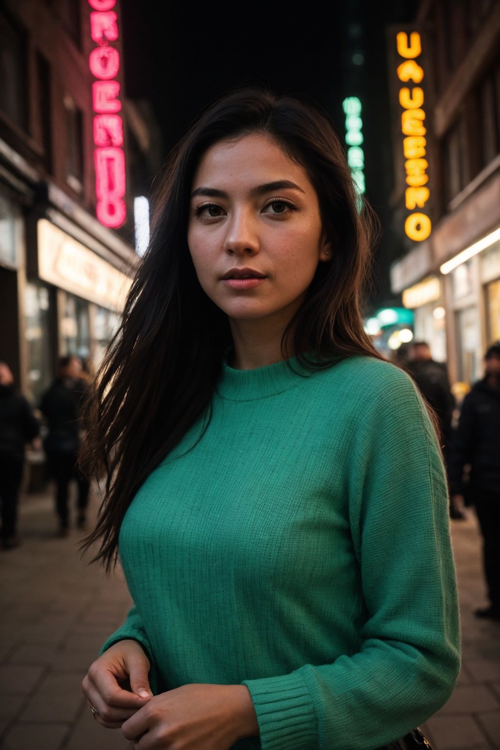 A tenacious female journalist uncovering a high-stakes conspiracy in a bustling metropolis, weaving through crowded streets and dark alleyways, close up, Detailed clothes, green eyes, flowing hair, determined expression, shiny glossy skin, subsurface scattering, (sharp:0.7), [(colorful explosion psychedelic paint colors:1.21)::0.05], amazing fine detail, Nikon D850 film stock photograph Kodak Portra 400 camera f1.6 lens, rich colors, lifelike texture, dramatic lighting, urban environment, skyscrapers, neon signs, street vendors, dynamic composition, unreal engine, trending on ArtStation, cinestill 800 tungsten