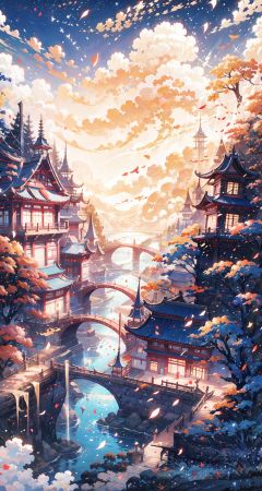 Chinese style,Yellow Crane Tower,The clouds are near the tower,on the sky,clouds,floating,The river runs through the town, The city,The Stars, （night：1.2）, waterfall,vermilion, yellow, high quality, 8k,feet101,feet,Chinese art,2D conceptual design,Clouds