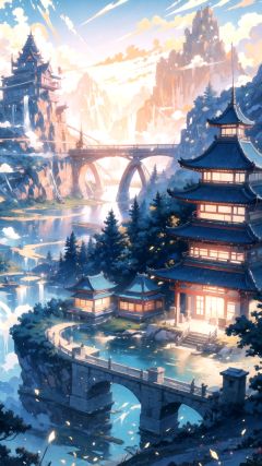 （8k, Best quality at best, high rise：1.1）, A layout for a mixing plugin, crafted by the masterful, Amano Yoshitaka in the realm of digital art and painting, This piece has been trending on ArtStation and is, compatible with Unreal Engine. The scene features, traditional Chinese architecture amidst a cityscape that, resembles a lush forest, all set against a majestic mountain, backdrop with flowing water and meticulously detailed, elements., 2D conceptual design, Clouds, Crop fields, （Wheat1.2）
