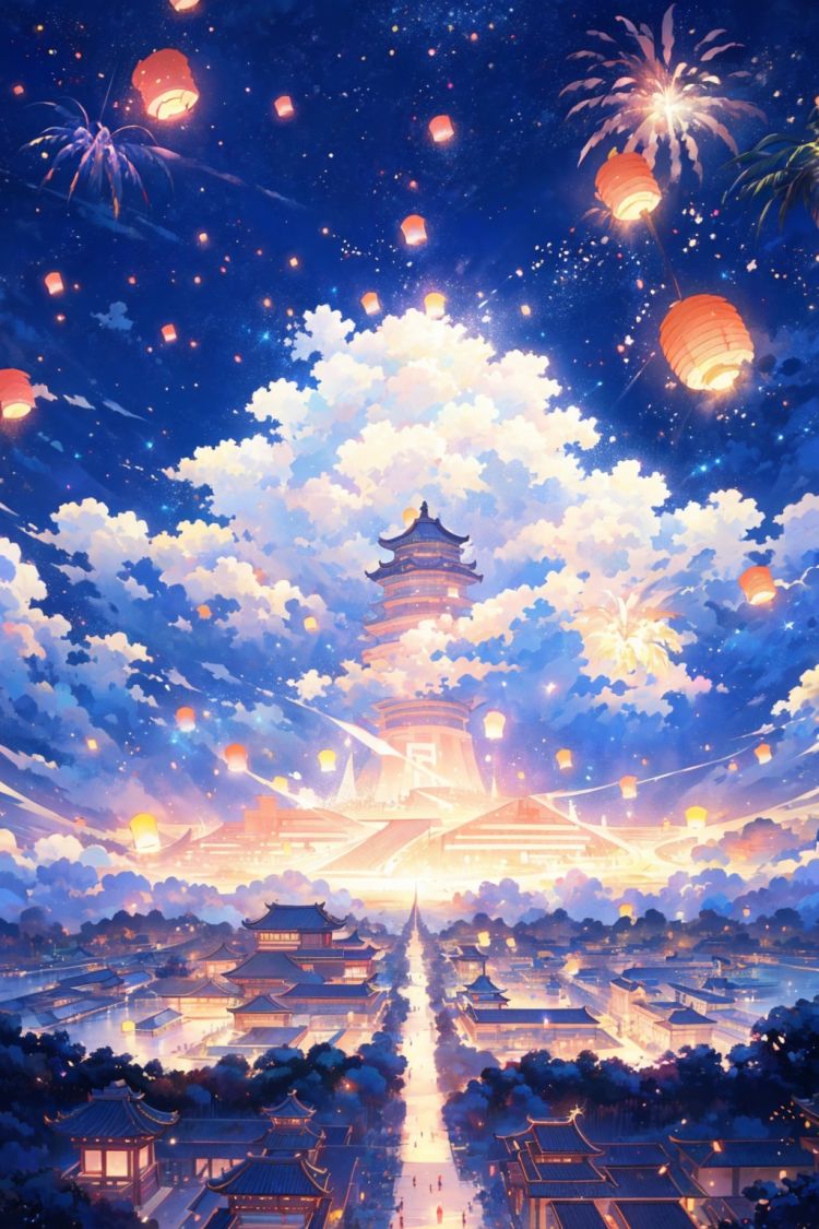 (The Kongming Lantern in the sky is from far to near:1.2), with fireworks blooming in the distance, (night view of Chang'an City:1.3), brightly lit streets, warm lighting, and a panoramic view of high quality, 8k
,nijistyle,flower,machinery,triangle black hole,crystaleyes