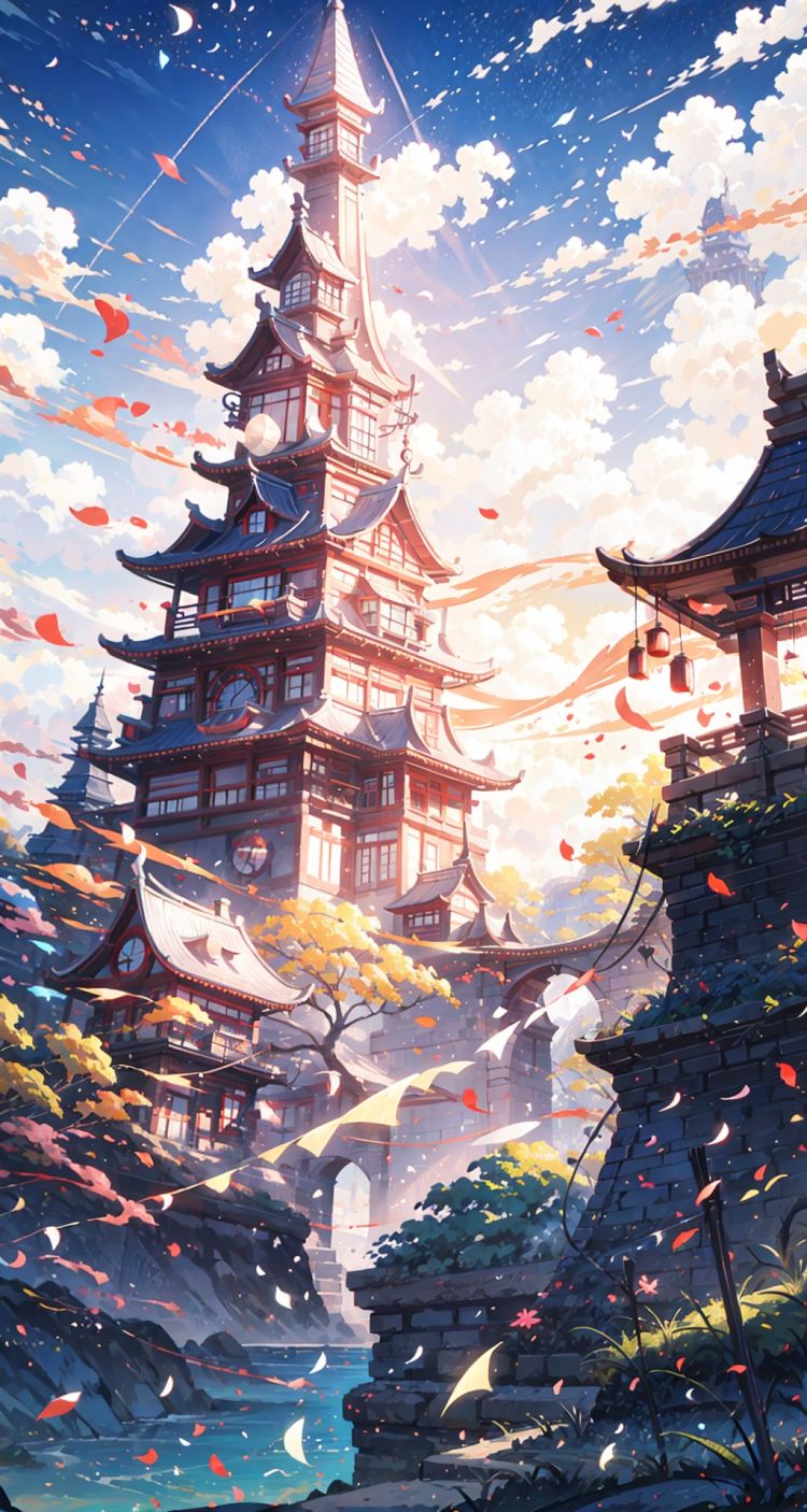 Chinese style,Yellow Crane Tower,The clouds are near the tower,on the sky,clouds,floating,The river runs through the town, The city,The Stars, （night：1.2）, waterfall,vermilion, yellow, high quality, 8k,feet101,feet,Chinese art,2D conceptual design,Clouds,2D ConceptualDesign