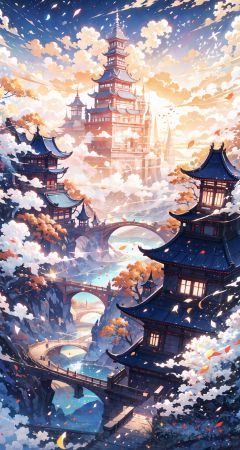 Chinese style,Yellow Crane Tower,The clouds are near the tower,on the sky,clouds,floating,The river runs through the town, The city,The Stars, （night：1.2）, waterfall,vermilion, yellow, high quality, 8k,feet101,feet,Chinese art,2D conceptual design,Clouds