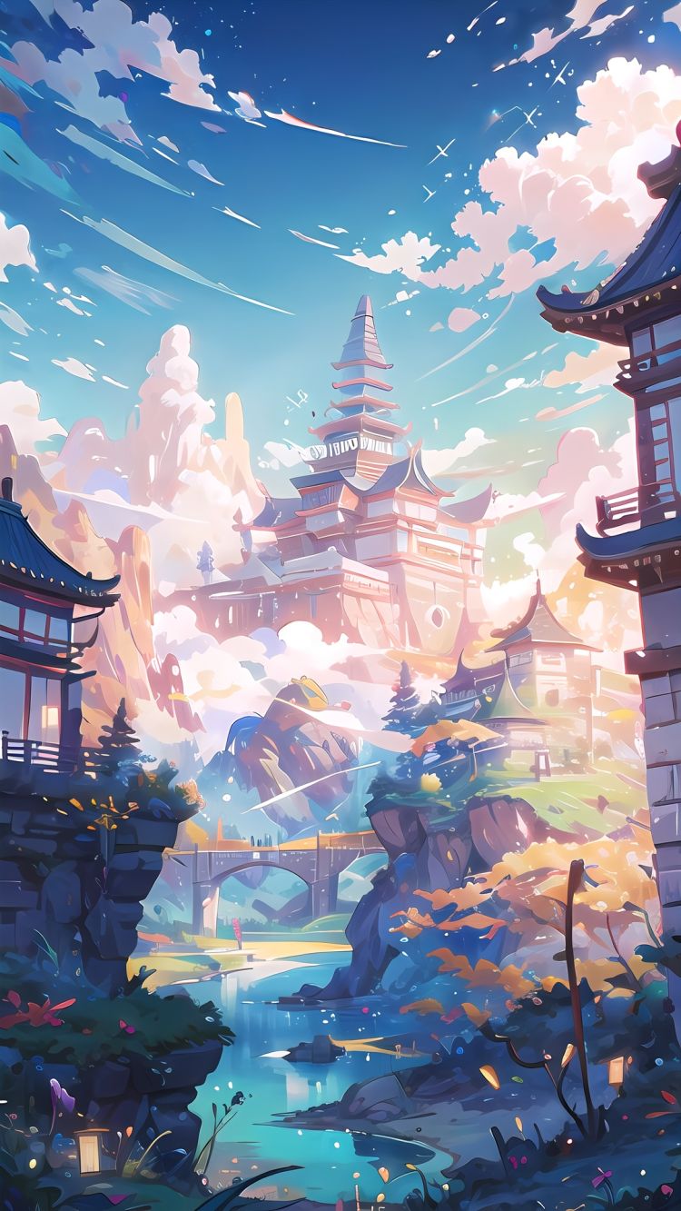 （8k, Best quality at best, high rise：1.1）, A layout for a mixing plugin, crafted by the masterful, Amano Yoshitaka in the realm of digital art and painting, This piece has been trending on ArtStation and is, compatible with Unreal Engine. The scene features, traditional Chinese architecture amidst a cityscape that, resembles a lush forest, all set against a majestic mountain, backdrop with flowing water and meticulously detailed, elements., 2D conceptual design, Clouds, Crop fields, （Wheat1.2）