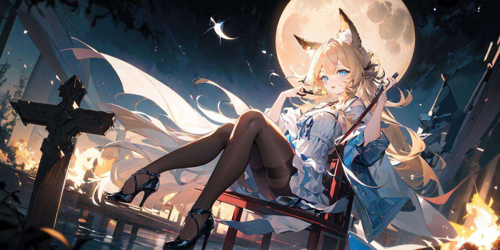 (masterpiece:1.2), best quality,PIXIV, backlight,dark theme,1girl, long hair, night, solo, moon, fire, blonde hair, sitting, outdoors, high heels, animal ears, night sky, sky, dress, pantyhose, full moon, chair, blue eyes, campfire, full body, looking at viewer, star (sky), staff, horns, black footwear <lora:dreamlike_20230727145343-000018:0.8>