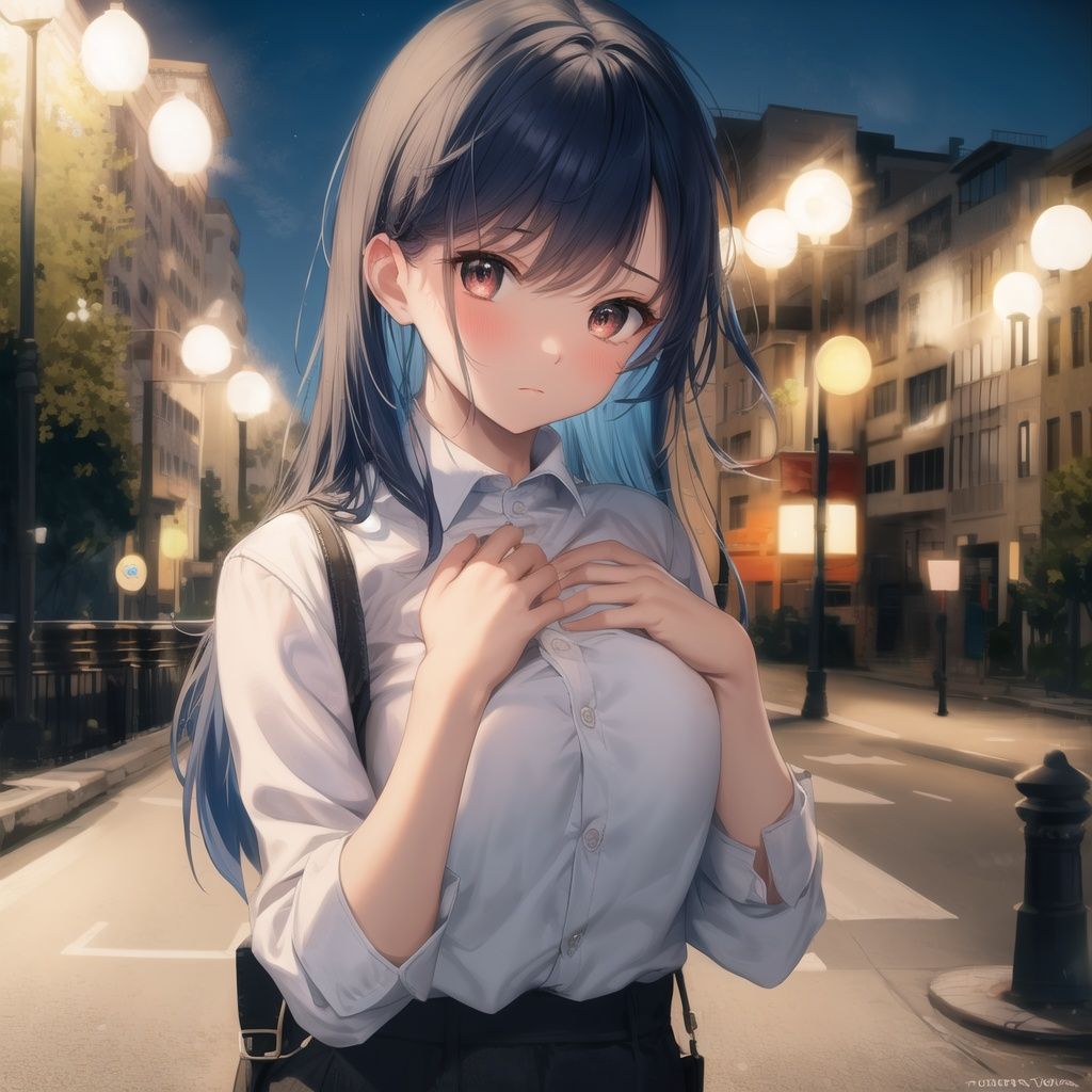 best quality, masterpiece,1girl,face focus,blue hair, long hair,brown eyes, Hair between eyebrowswhite shirt,outdoors,Parks, streetlights,windy,floating hair,night,(Holding chest with both hands), <lora:shou:0.6>,  hands up,