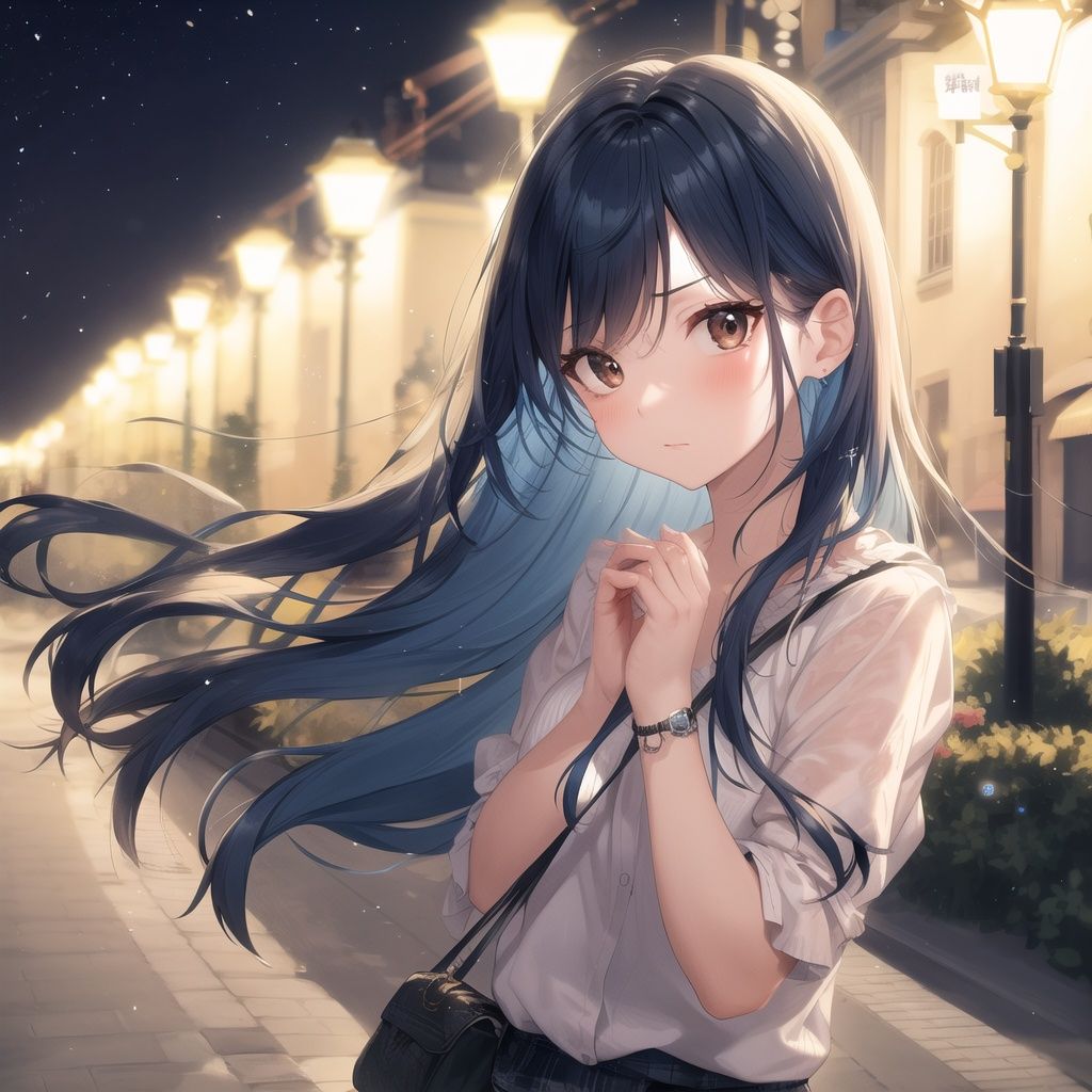 best quality, masterpiece,1girl,face focus,blue hair, long hair,brown eyes, Hair between eyebrowswhite shirt,Hold your cheeks with both hands,outdoors,Parks, streetlights,windy,floating hair,night,