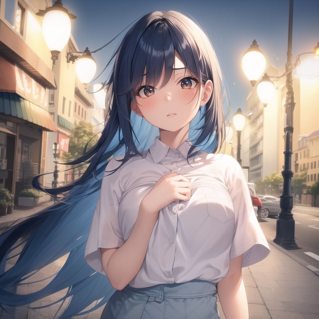 best quality, masterpiece,1girl,face focus,blue hair, long hair,brown eyes, Hair between eyebrowswhite shirt,outdoors,Parks, streetlights,windy,floating hair,night,(Holding chest with both hands), <lora:shou:0.6:2.2,0,0,0,0.5,0.5,0.5,0.5,2.4,2.4,2.4,2.4,0,0,0,0,0>,,  hands up,