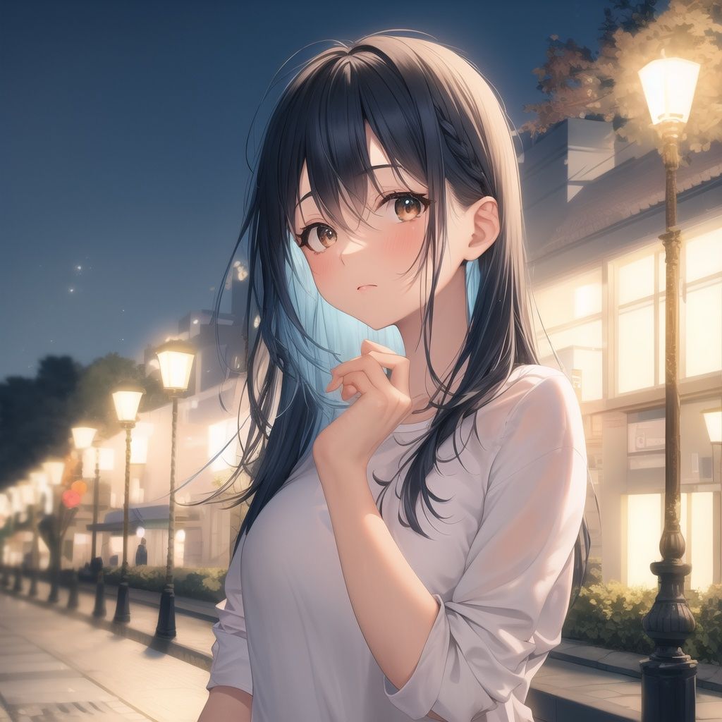 best quality, masterpiece,1girl,face focus,blue hair, long hair,brown eyes, Hair between eyebrowswhite shirt,Hold your cheeks with both hands,outdoors,Parks, streetlights,windy,floating hair,night,