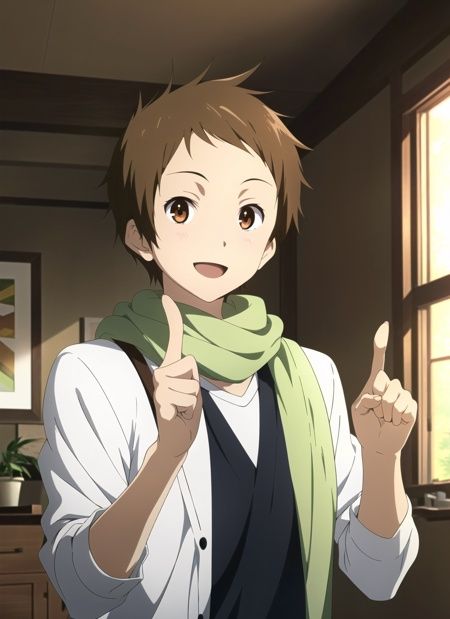 hyouka <lora:hyouka_offset:1>, masterpiece, best quality,  1boy, male focus, brown hair, solo, smile, brown eyes, scarf, open mouth, anime coloring, looking at viewer, upper body, official style, index finger raised, :d, indoors