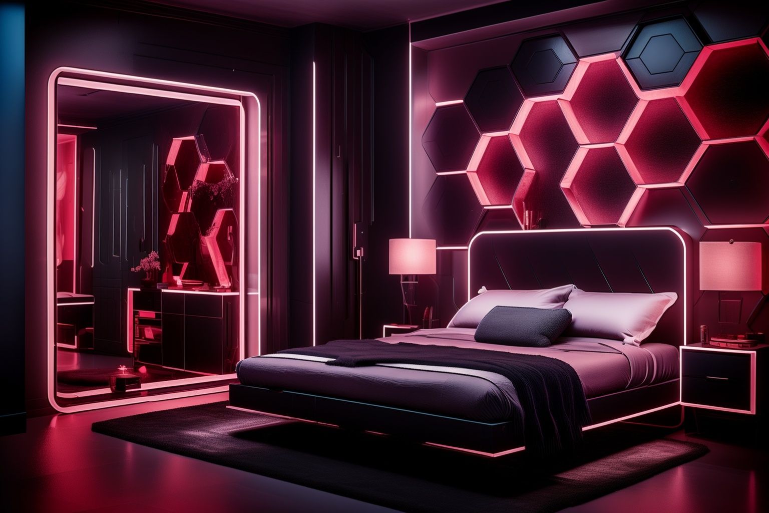 ((masterpiece)),((best quality)),8k,high detailed,ultra-detailed,photo,extremely delicate and beautiful,xs-hive-design,cyberpunk,interior design,(bedroom),capturing the essence of modern comfort and simplicity,perfect for a home design magazine,<lora:XSHive:1>