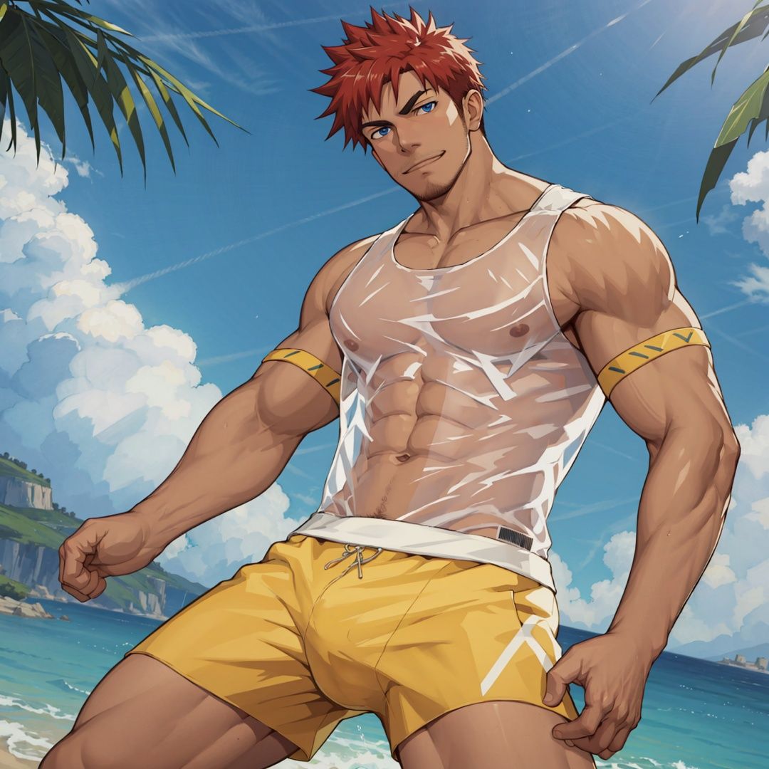 ((masterpiece)),((best quality)),8k,high detailed,ultra-detailed,anime,CG,{{Masterpiece, Best Quality, Extremely Detailed CG, Unity 8k Wallpaper }},1boy,topless, summer,dark skin,red hair,blue eyes, see-through **** top, boxer briefs,muscular,facial hair,