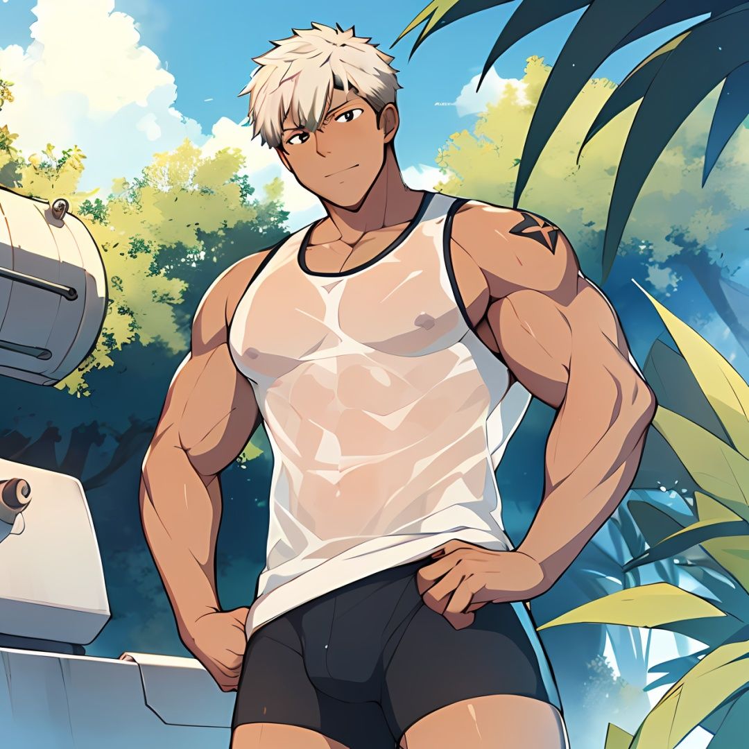 ((masterpiece)),((best quality)),8k,high detailed,ultra-detailed,anime,CG,{{Masterpiece, Best Quality, Extremely Detailed CG, Unity 8k Wallpaper }},
1boy,topless, summer,dark skin,white hair,white eyes, see-through **** top, boxer briefs,muscular,  