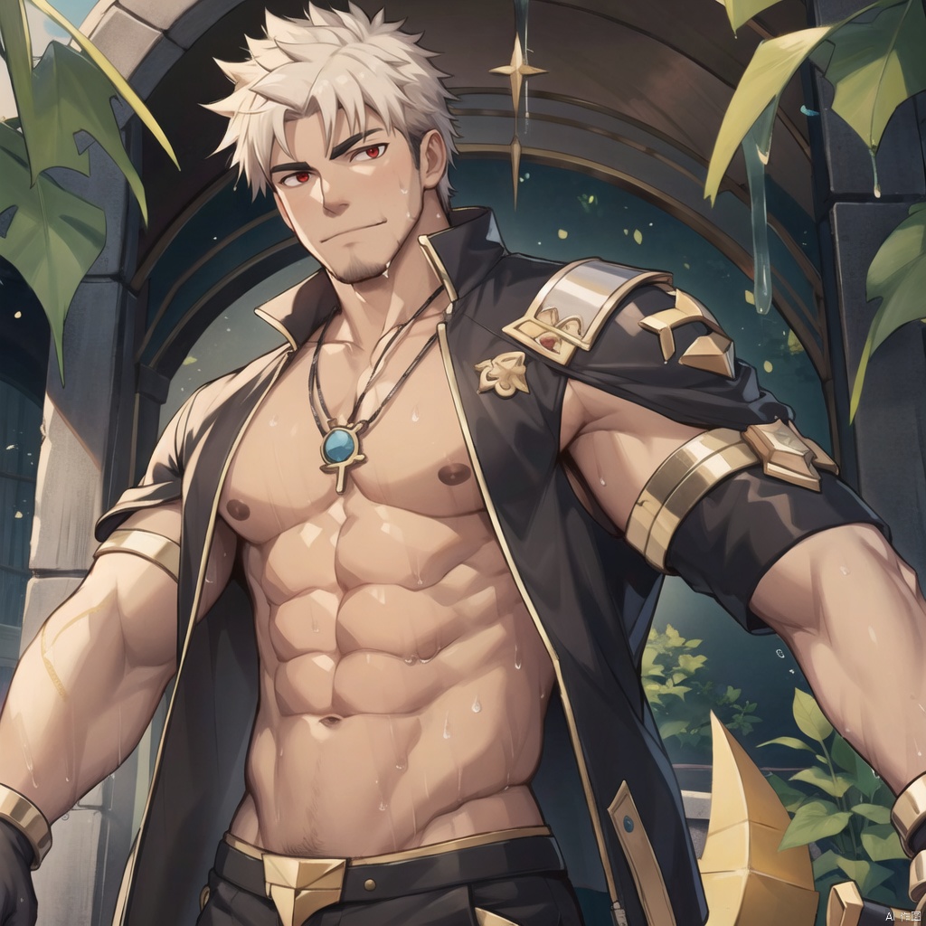  ((masterpiece)),((best quality)),8k,high detailed,ultra-detailed,anime,CG,{{Masterpiece, Best Quality, Extremely Detailed CG, Unity 8k Wallpaper }},1boy, dark skin, white hair, short hair, facial hair,stubble, chest muscles, abs, abdomen, father, red eyes, wet body, snake bone necklace, black gloves,muscular, Breast nails, upper body,