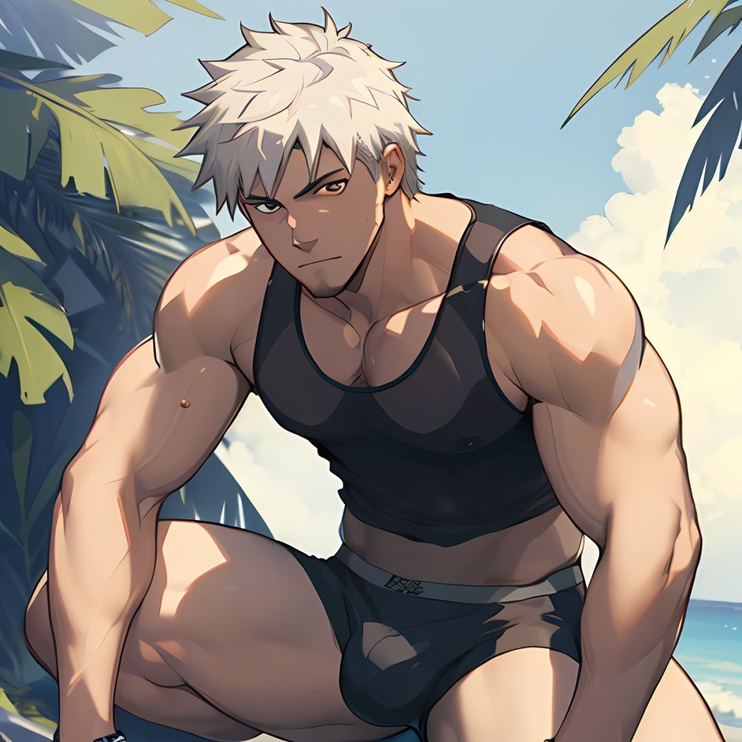 ((masterpiece)),((best quality)),8k,high detailed,ultra-detailed,anime,CG,{{Masterpiece, Best Quality, Extremely Detailed CG, Unity 8k Wallpaper }},
1boy,topless, summer,dark skin,white hair,white eyes, see-through **** top, boxer briefs,