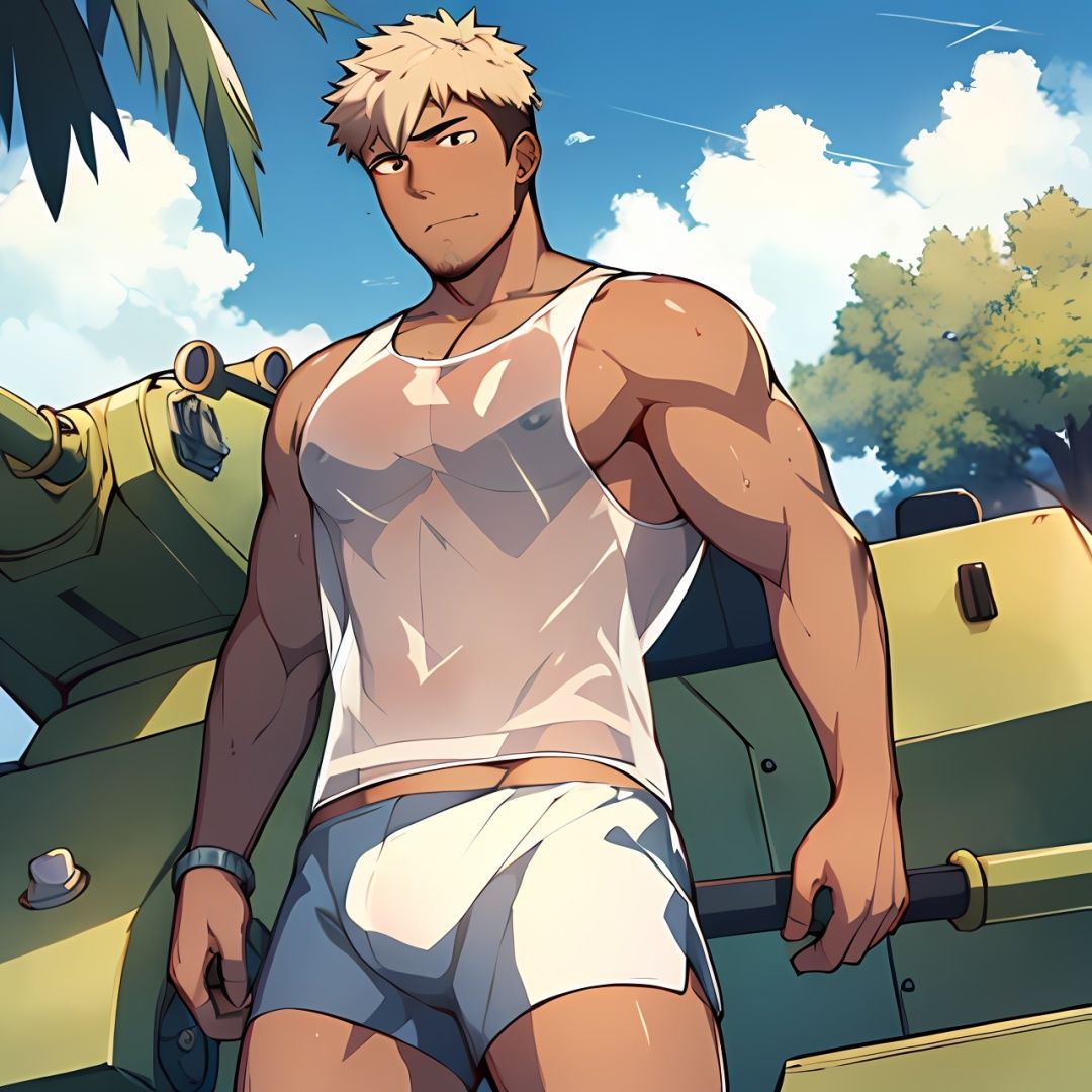 ((masterpiece)),((best quality)),8k,high detailed,ultra-detailed,anime,CG,{{Masterpiece, Best Quality, Extremely Detailed CG, Unity 8k Wallpaper }},
1boy,topless, undercut,summer,dark skin,white hair,white eyes, see-through **** top, boxer briefs,muscular,facial hair,stubble,  
