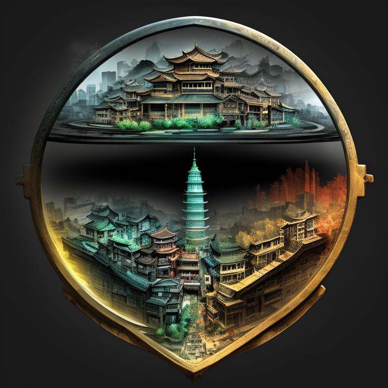 scernery,  Chinese Ink Painting Nanopunk Patina Global Illumination Unity engine Pop Art Multiple Exposure Photography Cro...