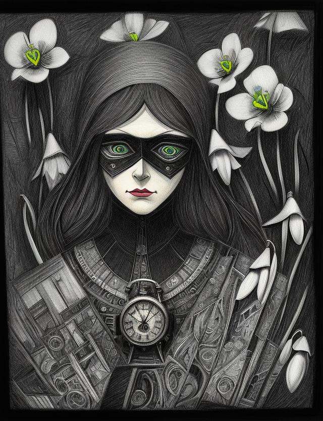 woman,  clothed,  Outsider Art Clockpunk Shadowy Line Rendering Snowdrop engine Melancholic Pencil Drawing Cubism Art on T...