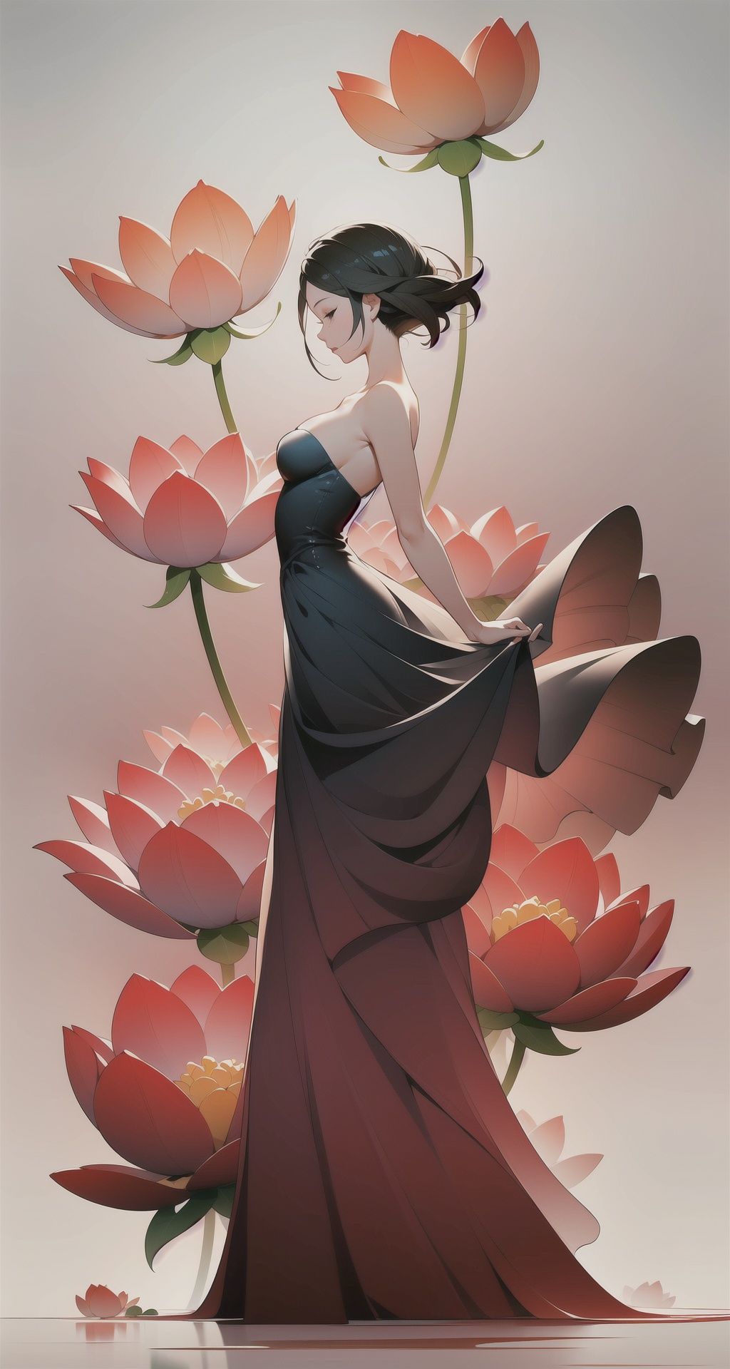 <lora:buyao (1):1>,buyao, 1girl, dress, solo, flower, short hair, red dress, red flower, black hair, black dress, bare shoulders, profile, red theme, long dress, standing, full body, strapless dress, strapless, from side, closed eyes, bangs, sleeveless, gradient, sleeveless dress, gradient background