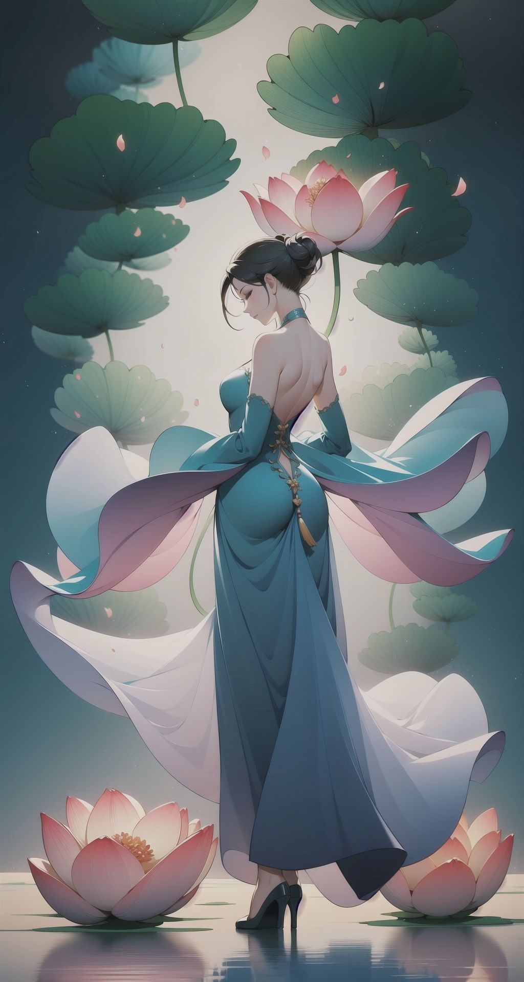 <lora:buyao (1):1>,buyao, 1girl, solo, dress, flower, standing, backless outfit, long sleeves, hair ornament, full body, shawl, from behind, backless dress, back, brown hair, facing away, blue dress, closed eyes, profile, petals, bare back, chinese clothes, backlighting 