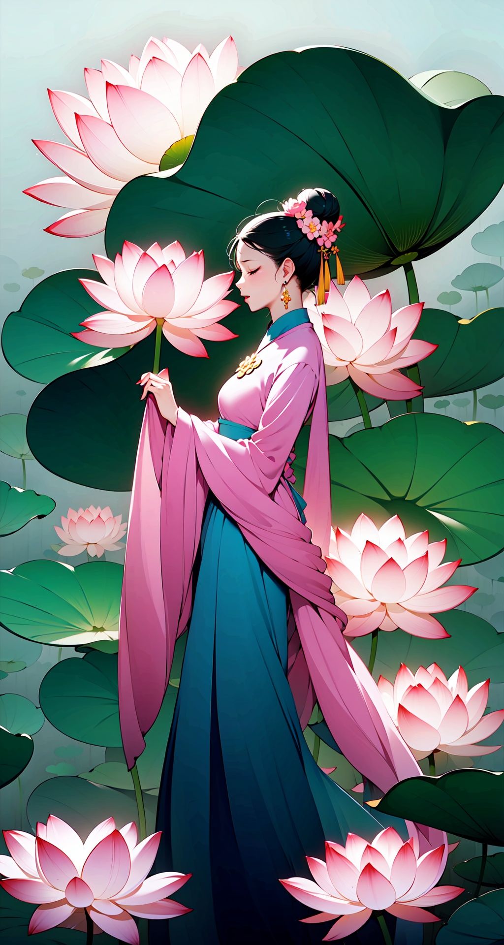 <lora:buyao (2):1>,buyao, 1girl, flower, solo, jewelry, hair bun, black hair, earrings, lotus, chinese clothes, hair ornament, dress, single hair bun, closed eyes, hanfu, long sleeves, necklace, wide sleeves, from side, pink flower, profile, hair flower, shawl