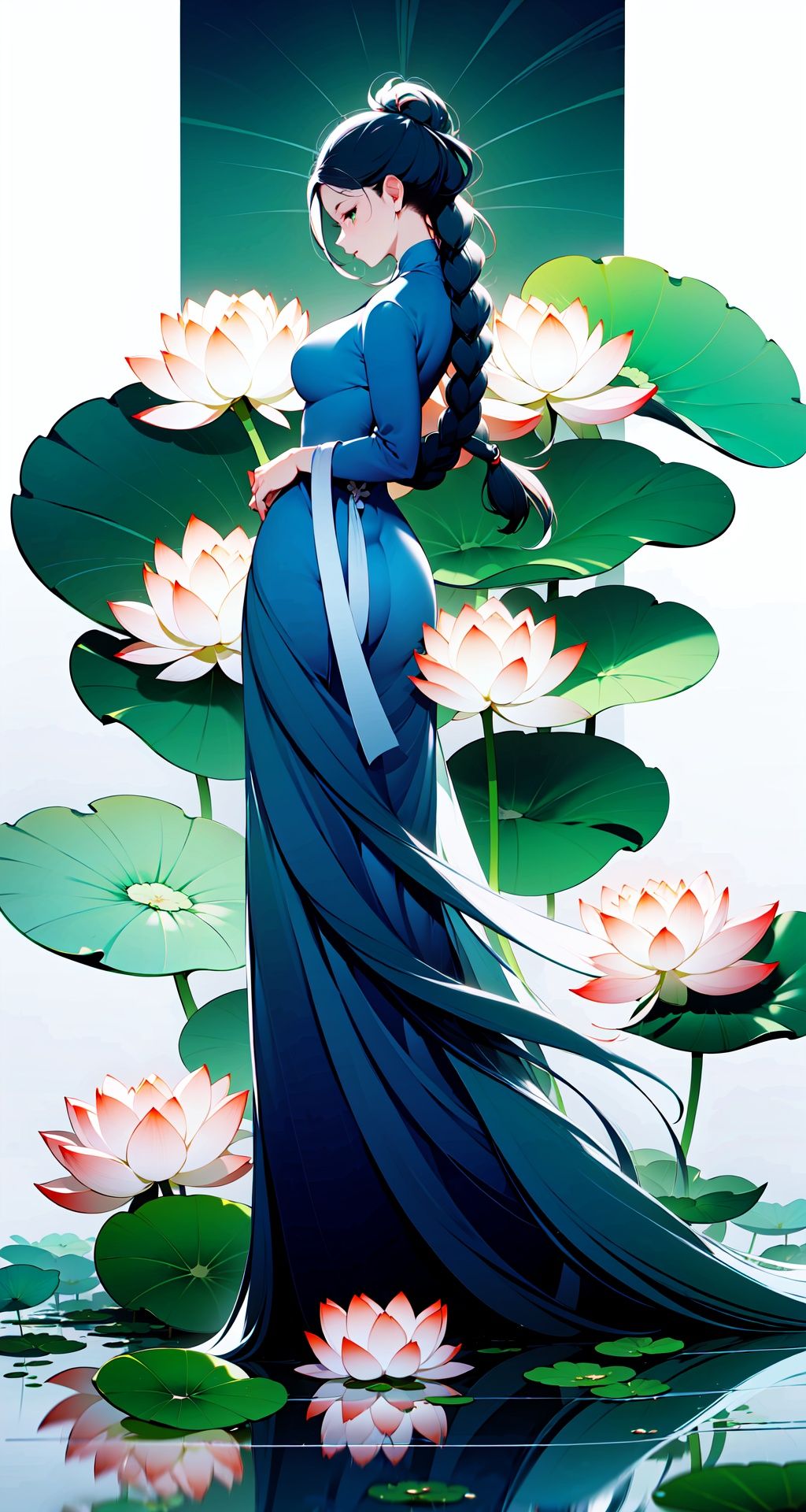 <lora:buyao (2):1>,buyao, 1girl, long hair, lily pad, solo, lotus, flower, dress, reflection, ripples, water, black hair, braid, chinese clothes, standing, reflective floor, profile, holding, koi, fish, grey background, full body, blue dress