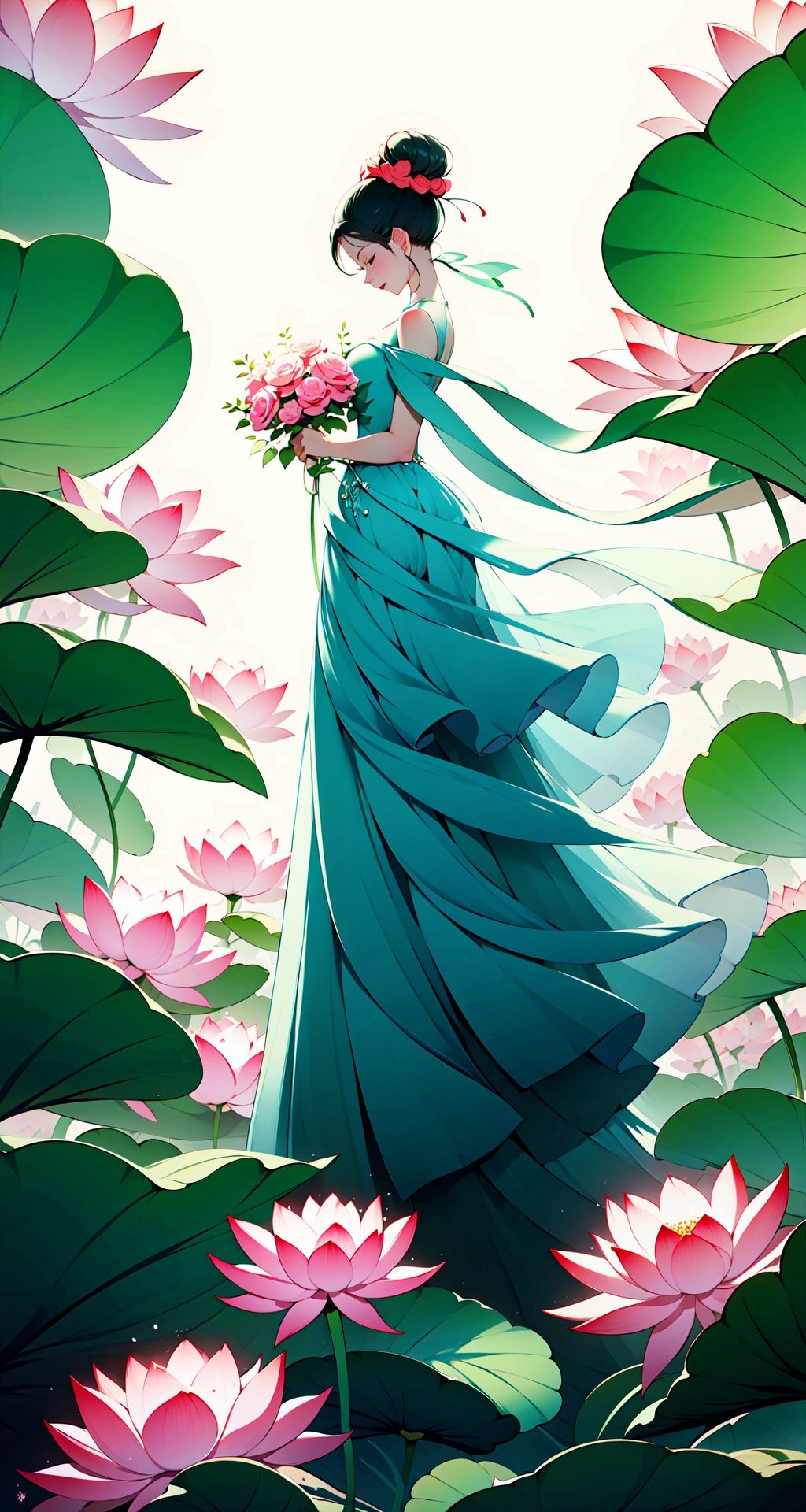 <lora:buyao (2):1>,buyao, 1girl, dress, solo, flower, white dress, closed eyes, pink flower, brown hair, profile, full body, short hair, standing, hair bun, bare shoulders, black hair
