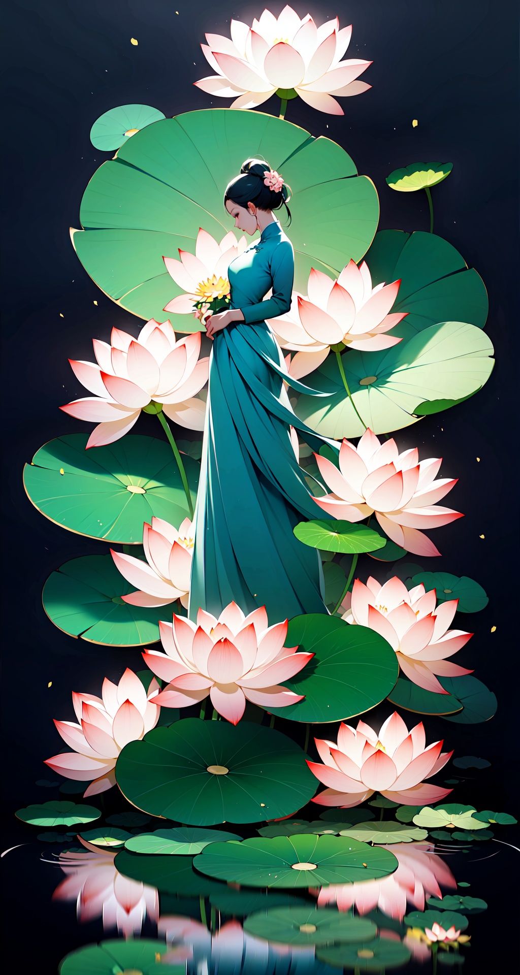 <lora:buyao (2):1>,buyao, 1girl, long hair, lily pad, solo, lotus, flower, dress, reflection, ripples, water, black hair, braid, chinese clothes, standing, reflective floor, profile, holding, koi, fish, grey background, full body, blue dress