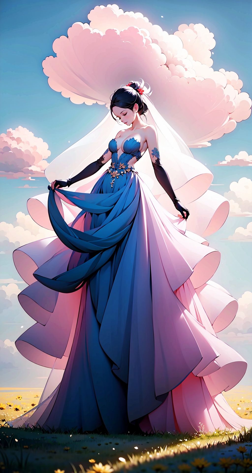 <lora:buyao (2):1>,buyao, 1girl, solo, dress, cloud, grass, sky, closed eyes, elbow gloves, gloves, bare shoulders, breasts, veil, outdoors, full body, strapless dress, medium breasts