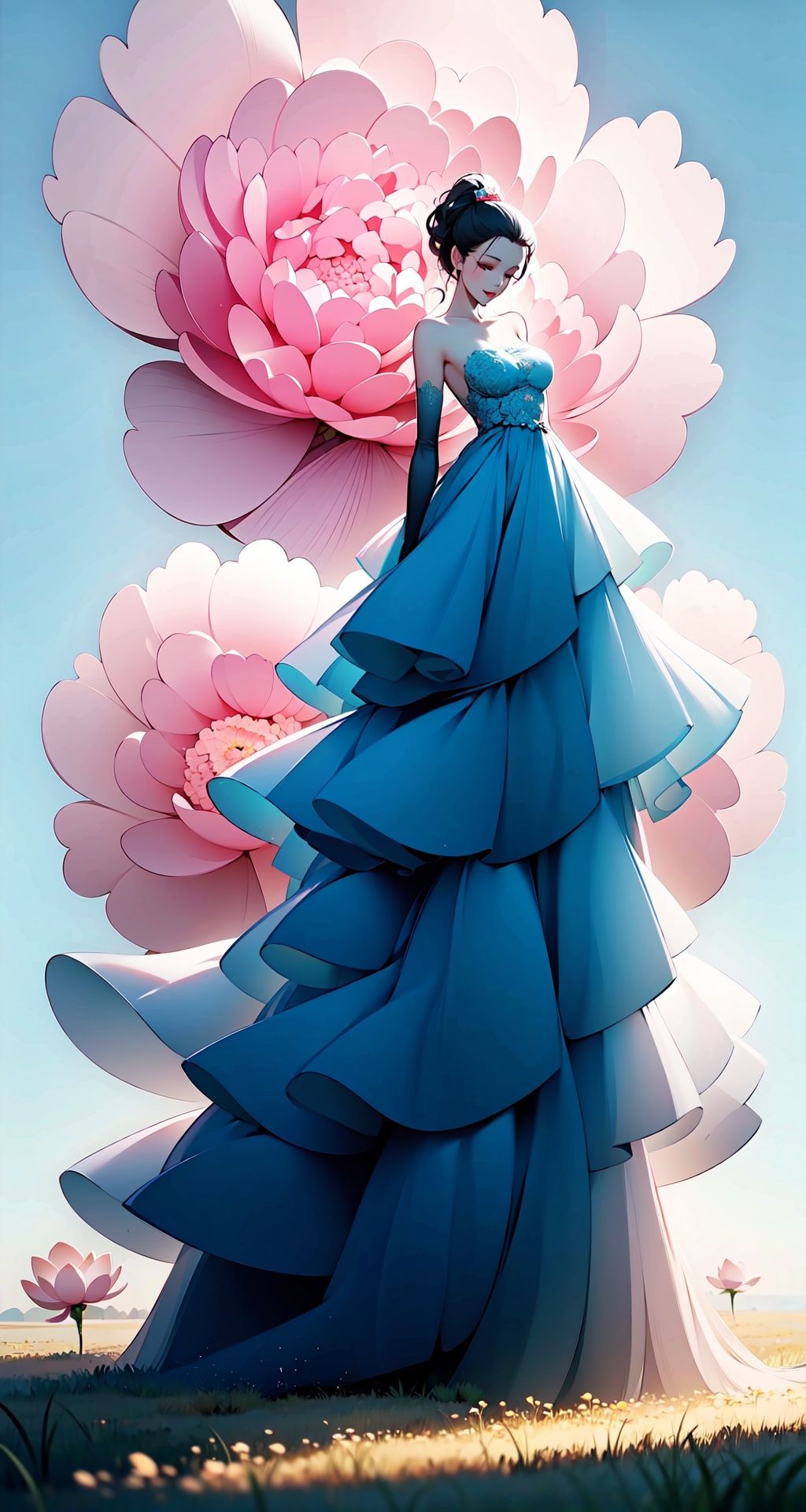 <lora:buyao (2):1>,buyao, 1girl, solo, dress, cloud, grass, sky, closed eyes, elbow gloves, gloves, bare shoulders, breasts, veil, outdoors, full body, strapless dress, medium breasts