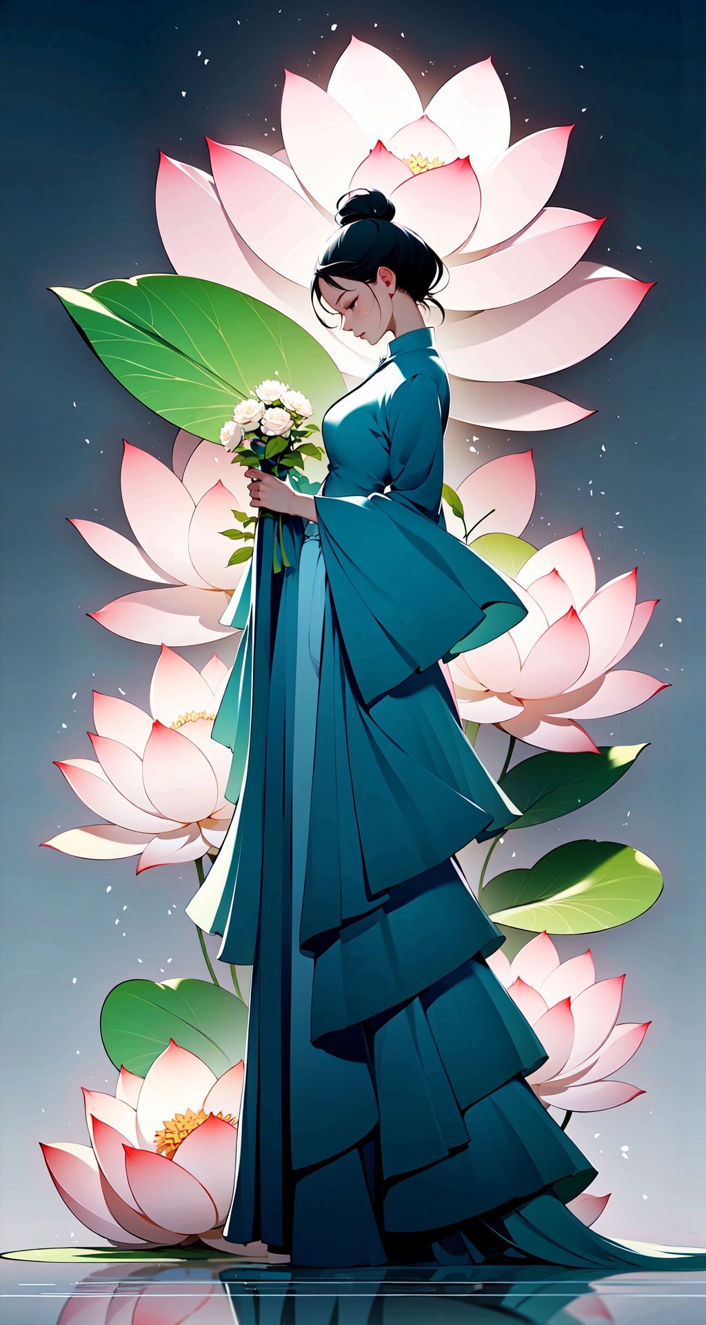 <lora:buyao (2):1>,buyao, 1girl, solo, flower, profile, dress, black hair, hair ornament, long sleeves, holding, short hair, standing, hair flower, grey background, closed eyes, white flower, plant, closed mouth, full body, holding flower, chinese clothes, long dress, from side, reflection, wide sleeves, leaf