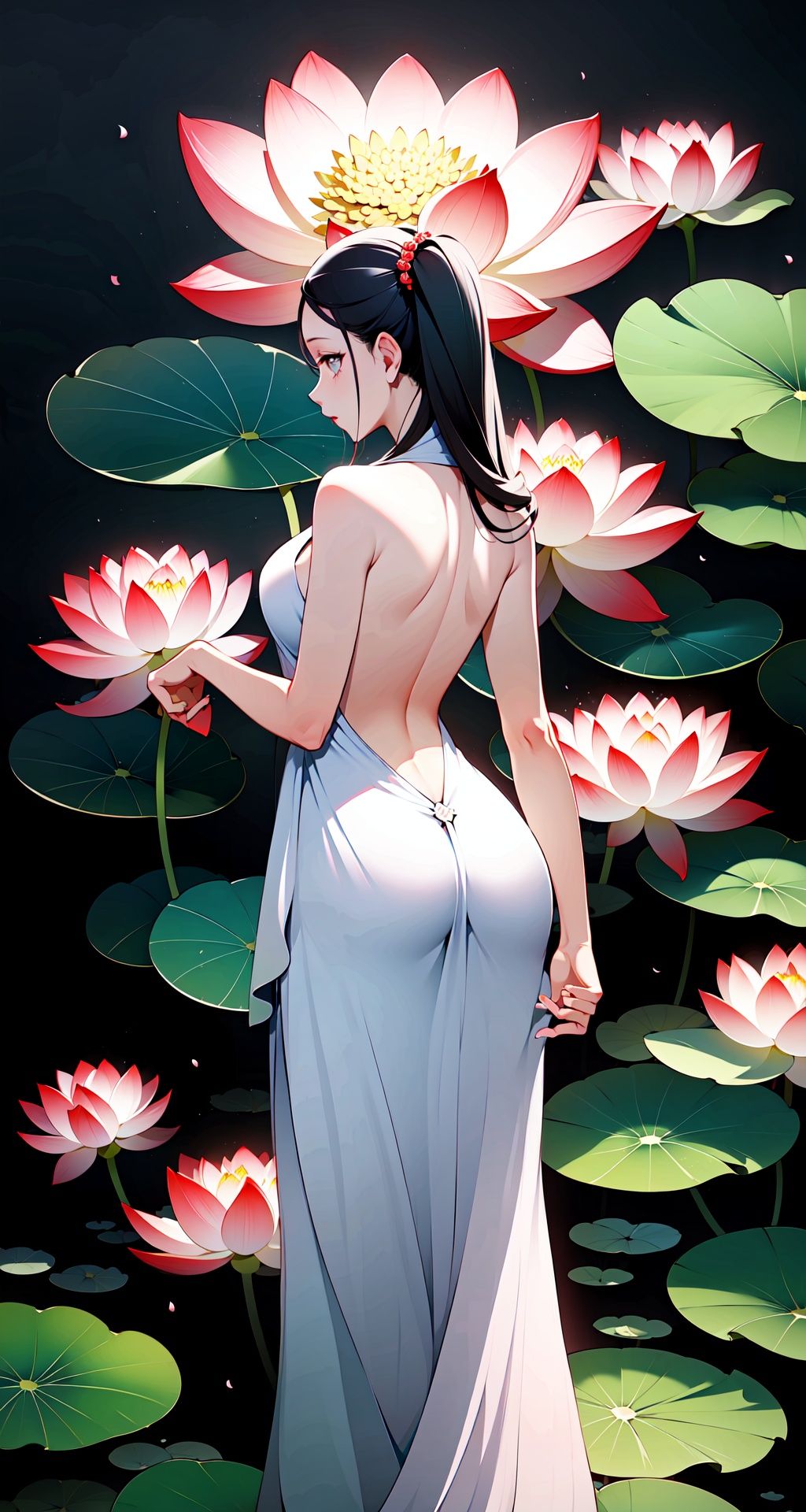 <lora:buyao (2):1>,buyao, lotus, flower, 1girl, dress, solo, red flower, standing, long hair, water, petals, white dress, facing away, backless outfit, backless dress, bare shoulders, blood, very long hair, ripples, lily pad
