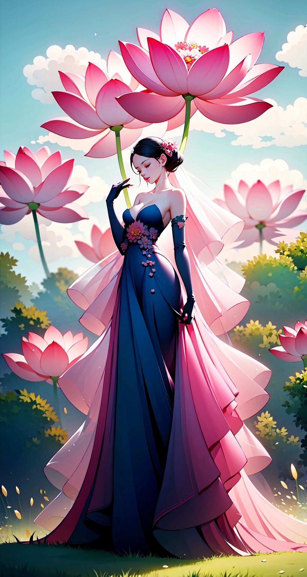 <lora:buyao (2):1>,buyao, 1girl, solo, dress, cloud, grass, sky, closed eyes, elbow gloves, gloves, bare shoulders, breasts, veil, outdoors, full body, strapless dress, medium breasts