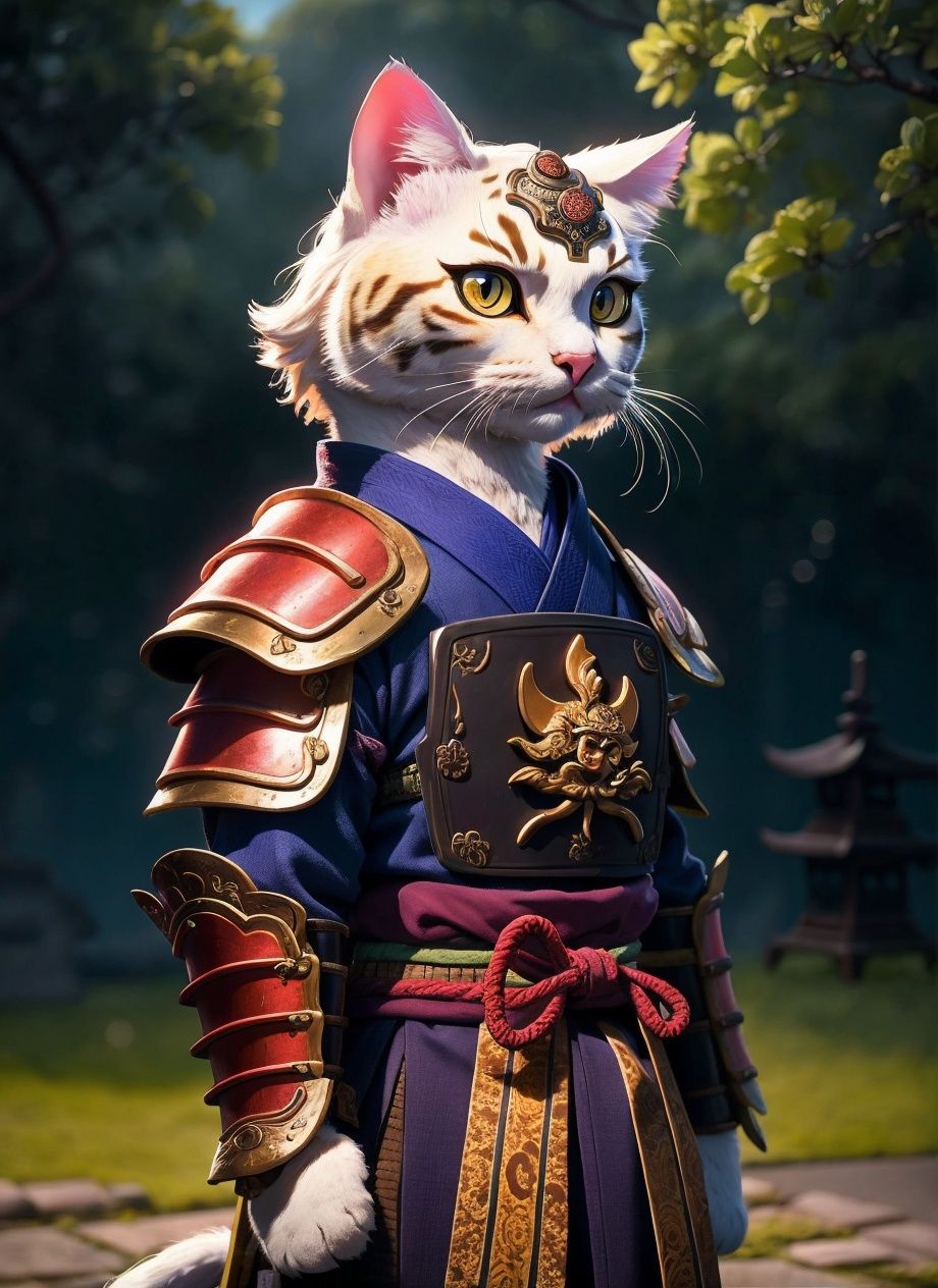 An ancient anthropomorphic cat samurai using an ancient samurai armor,  photography,  beautiful on Tensor.Art