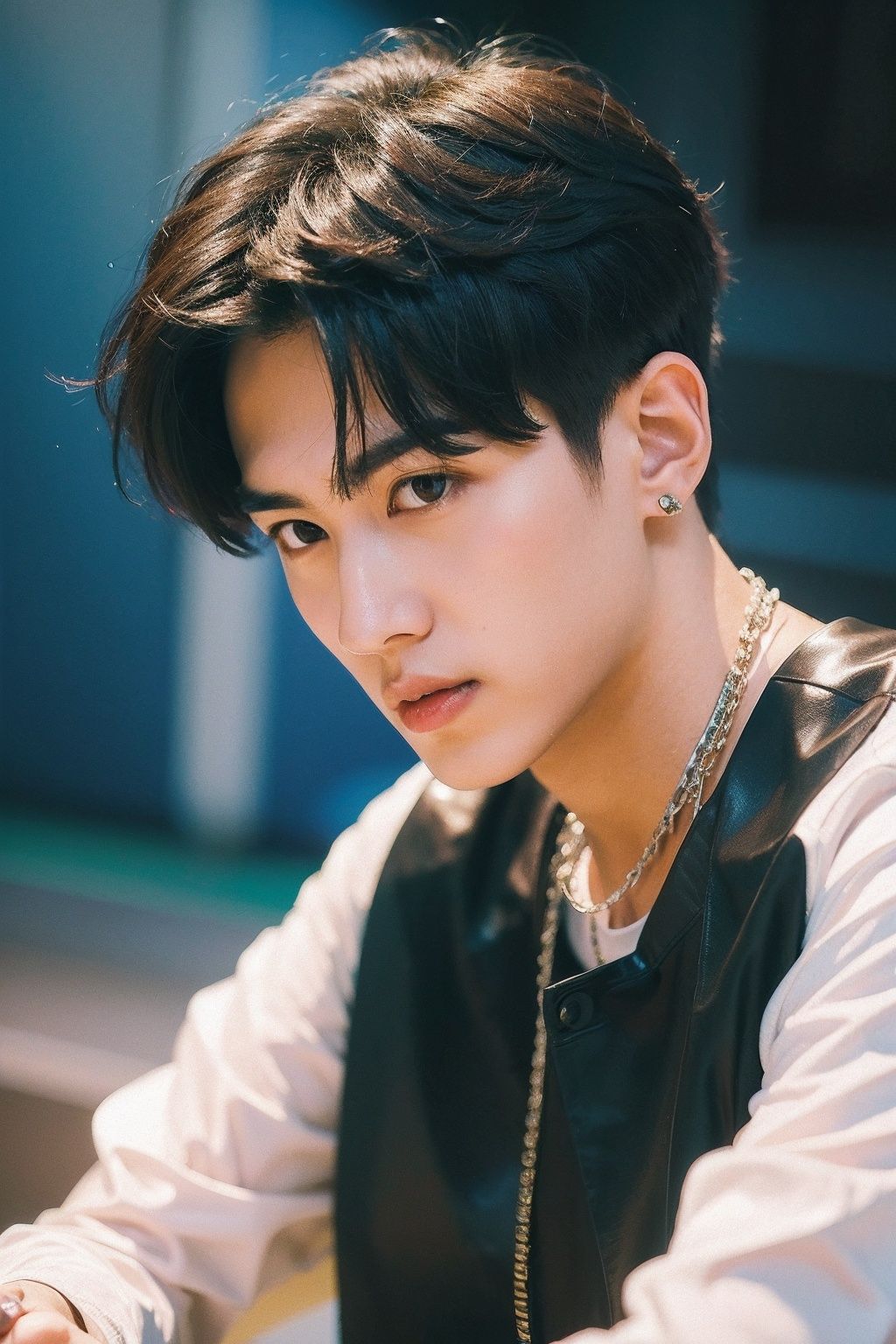 Best Quality,Masterpiece,Ultra High Resolution,(Realisticity:1.4),Original Photo,Cinematic Lighting,HONGKONG style,HONGKONG, solo, black hair, necklace, jewelry, leather, jacket, 1boy, male focus, realistic, leather jacket, shirt, short hair, white shirt