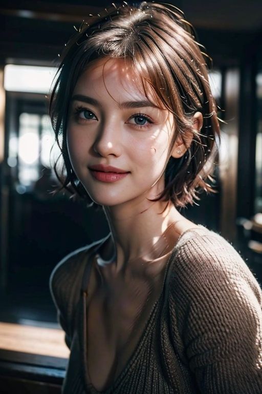 Masterpiece, Best quality, Original photorealism, Smile, Beautiful girl, Cute, Short hair,  Depth of field, high resolution, Ultra detail, Very detailed eyes and face, Sharp pupils, Realistic pupils, Sharp focus, Movie lighting,