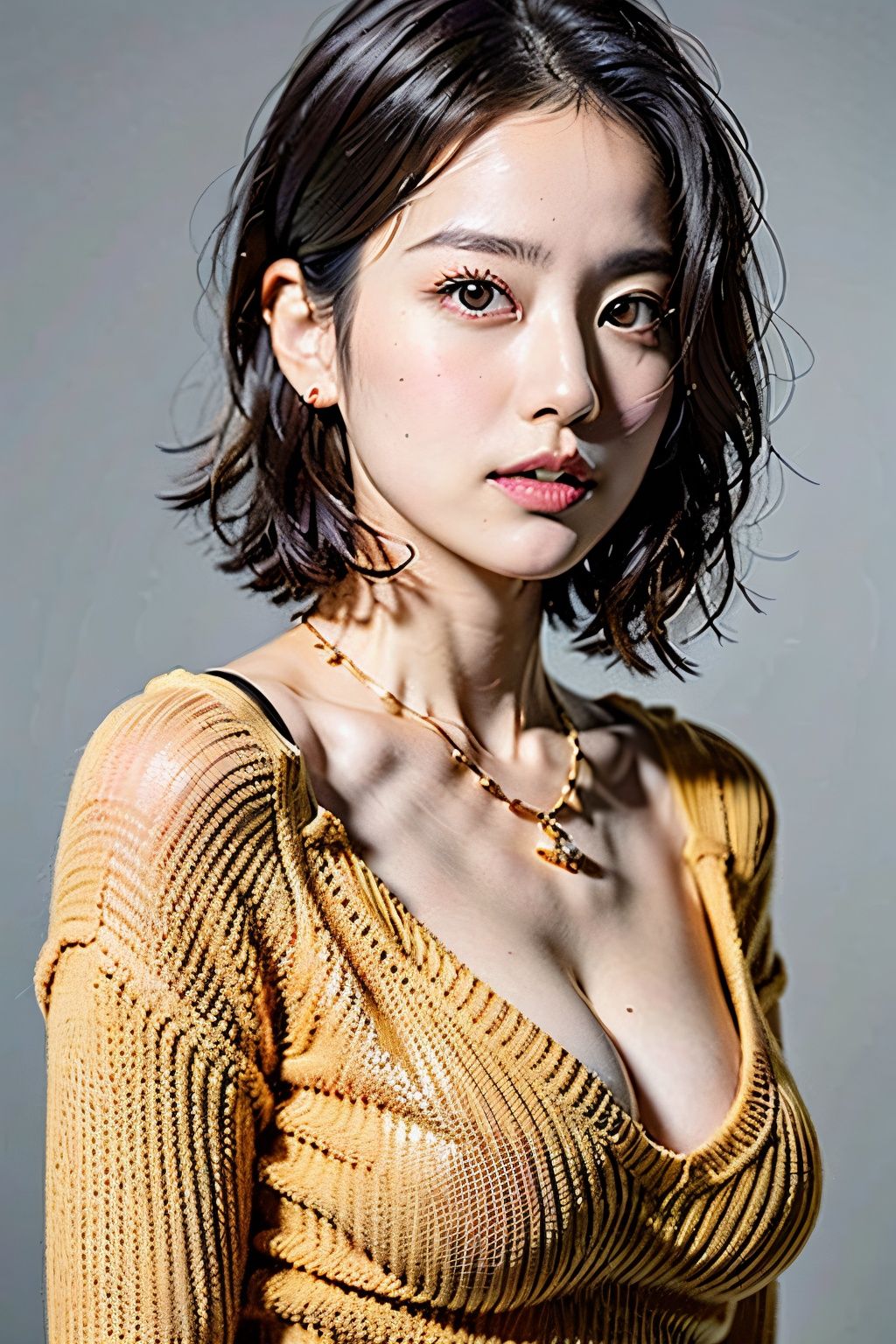 (Best quality, 8k, 32k, Masterpiece, UHD:1.2),Photo of Pretty Japanese woman, large breasts, very short bob hair,upper body,face focus,oversized_sweater, necklace, simple background, from above, looking at viewer,